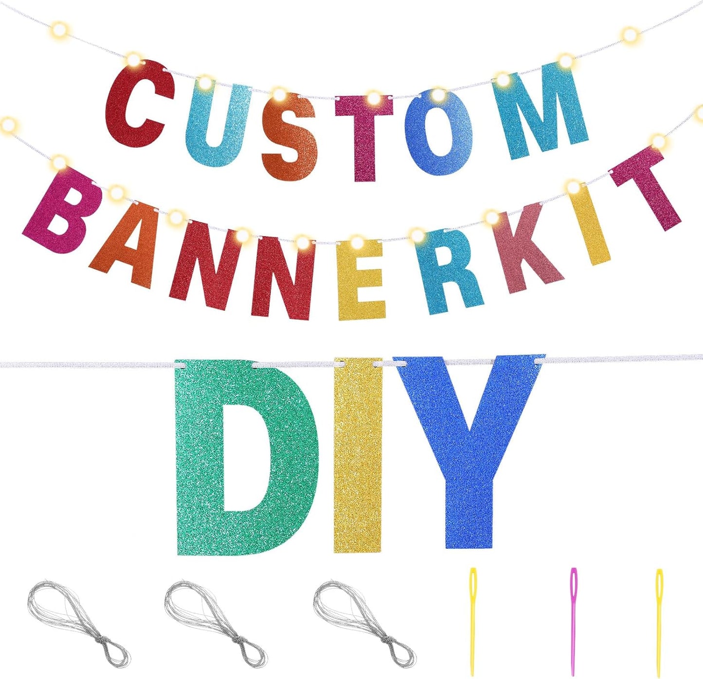 TaoBary 112 Pcs DIY Letter Kit Glitter Customizable Banner Letters Include 107 Letters and Numbers 3 Rope and 2 Needles for Birthday Halloween Christmas Wedding Valentine Party Decor(Rainbow)