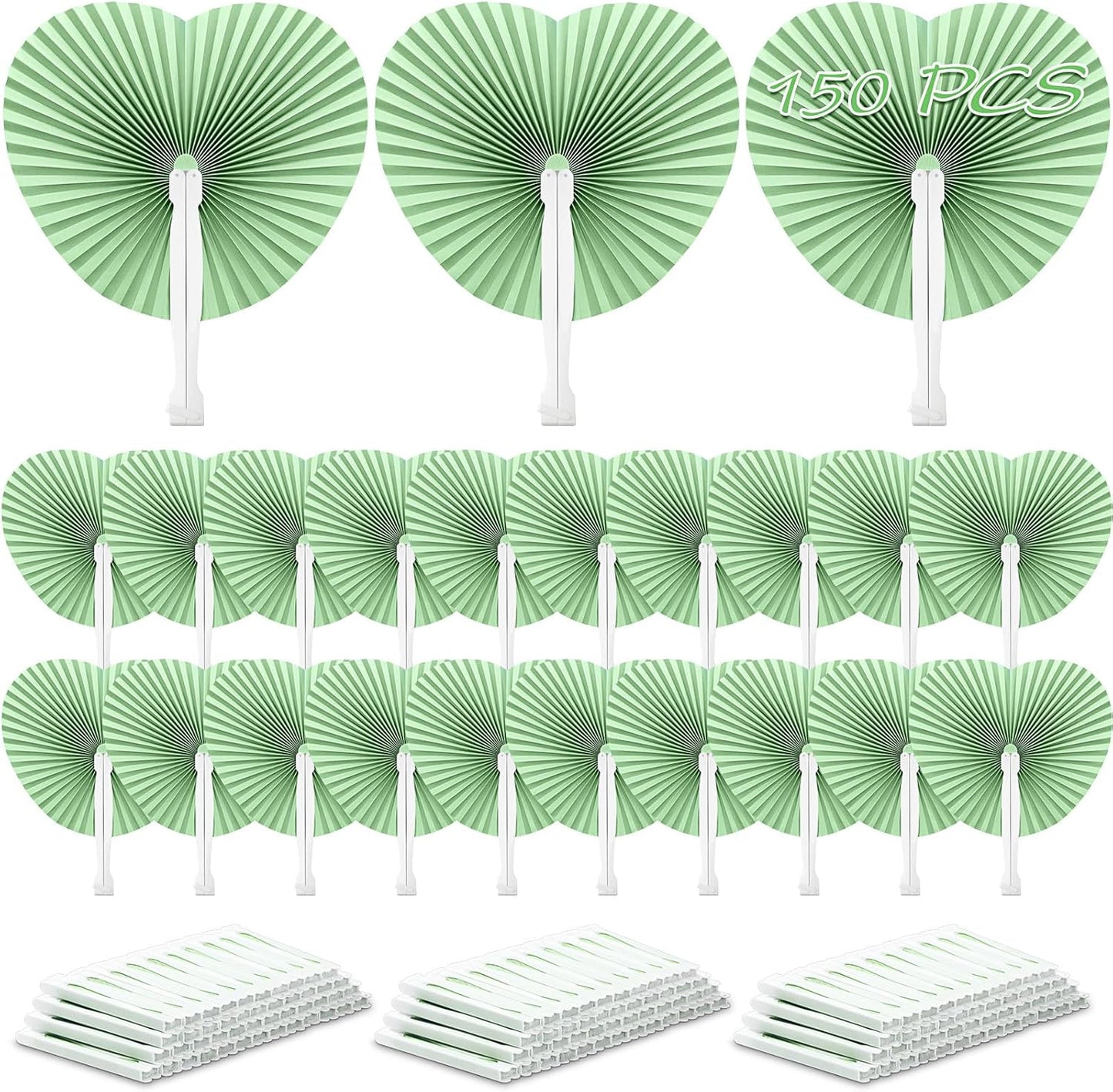 Unittype 150 Packs Wedding Paper Fans Heart Shaped Folding Handheld Fans for Wedding Decorate Guests Favor Anniversary Birthday Party Supplies Home Decor(Sage Green)