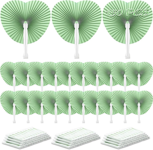 Unittype 150 Packs Wedding Paper Fans Heart Shaped Folding Handheld Fans for Wedding Decorate Guests Favor Anniversary Birthday Party Supplies Home Decor(Sage Green)