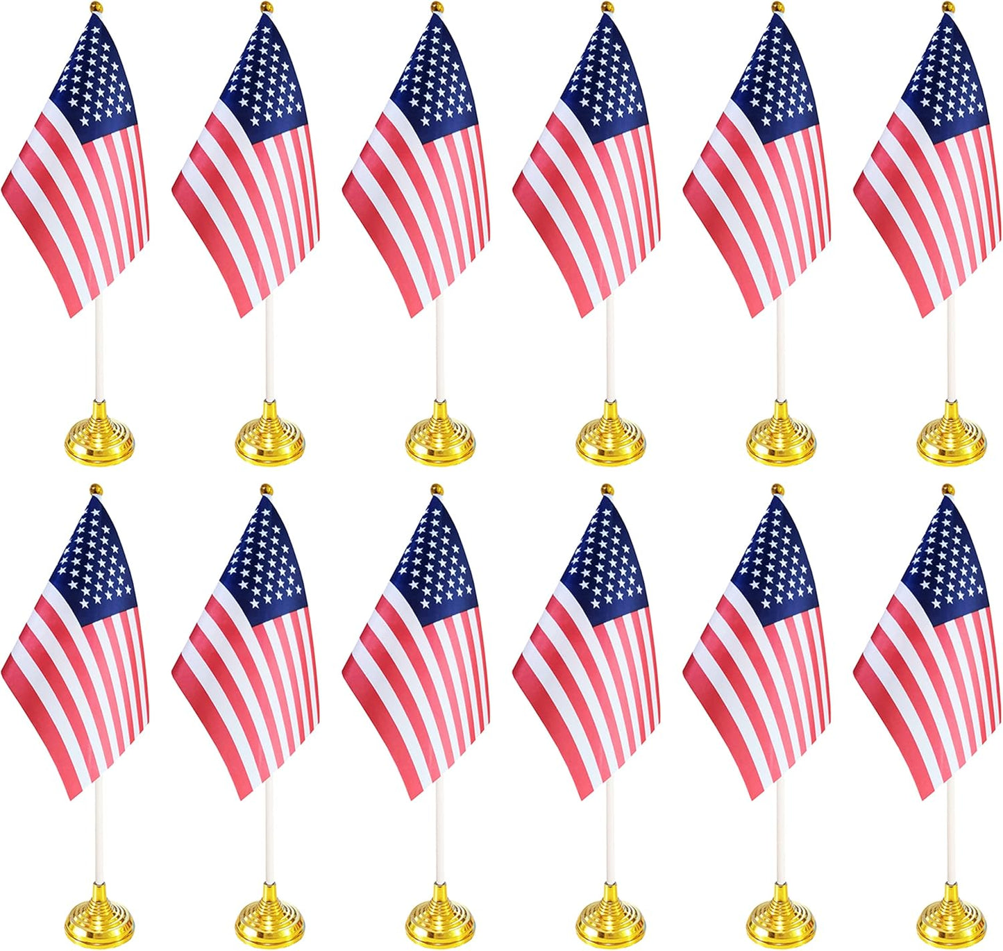 12 Pack USA US Desk Flags,Small Mini American Deluxe Table Flags Set with Stand Base，8.2 x 5.5 inches Miniature Desktop Flag