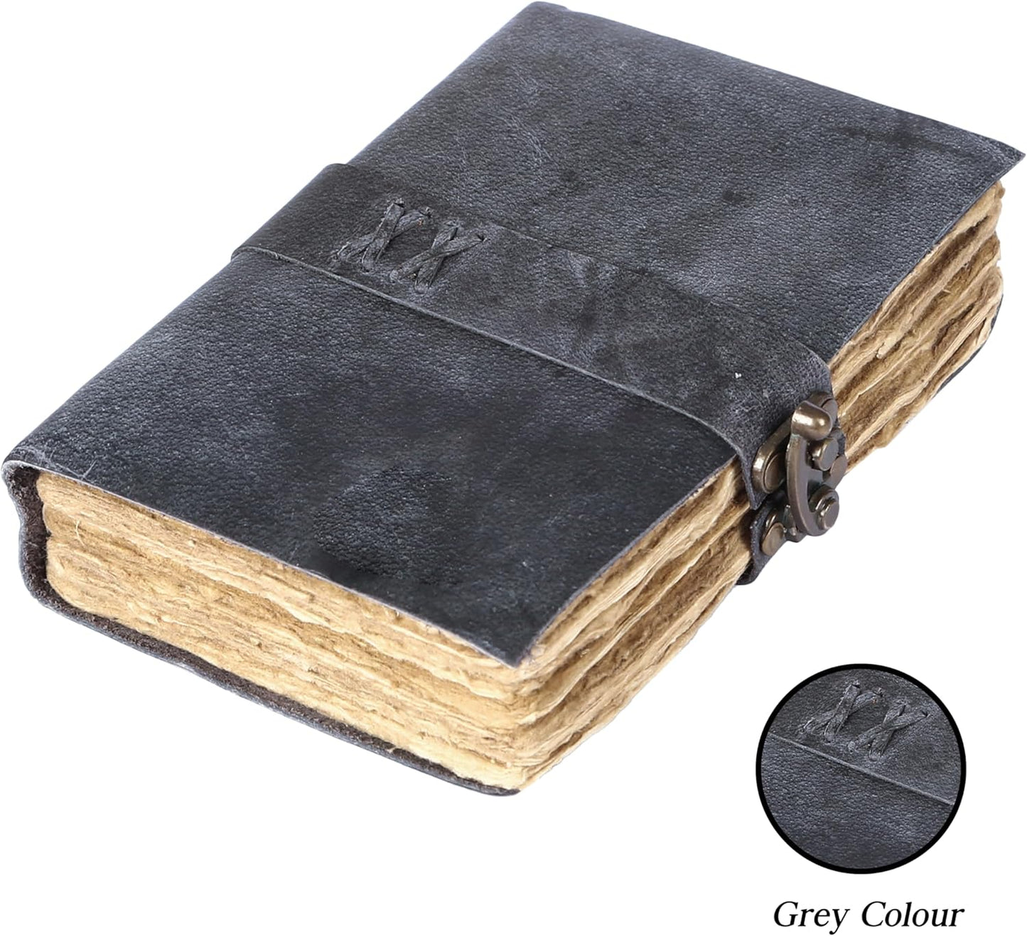 Vintage Leather Journal Handmade Buffalo Non-Refillable Deckle Edge Paper – Leather Bound Journal for Women, Men, Vintage C-Lock Closure Ideal for Writing & Travel for Artists (Grey)