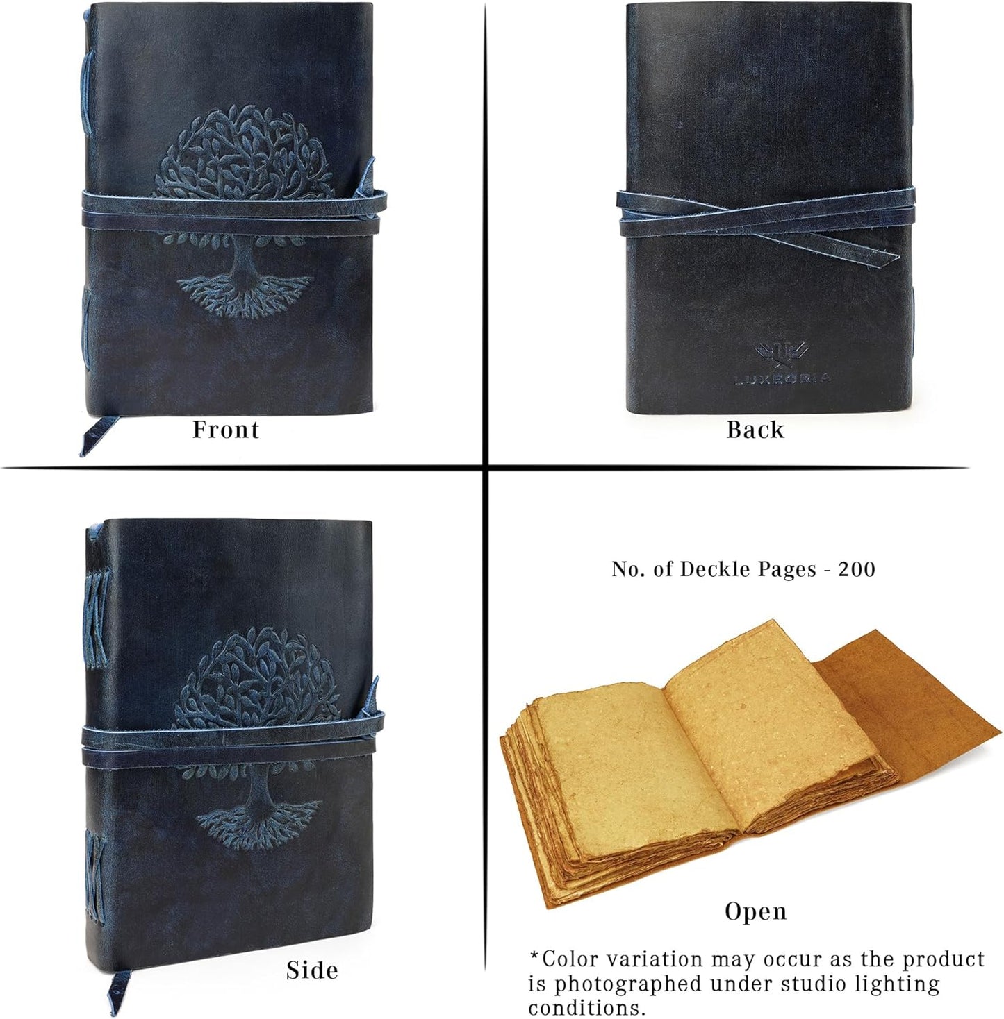 LUXEORIA Tree Of Life Leather Journal for Women and Men, Handcrafted Leather Journal for Writing Womens, Sketchbook, Travel Diary with Unlined Deckle Paper, Dark Blue 7x10