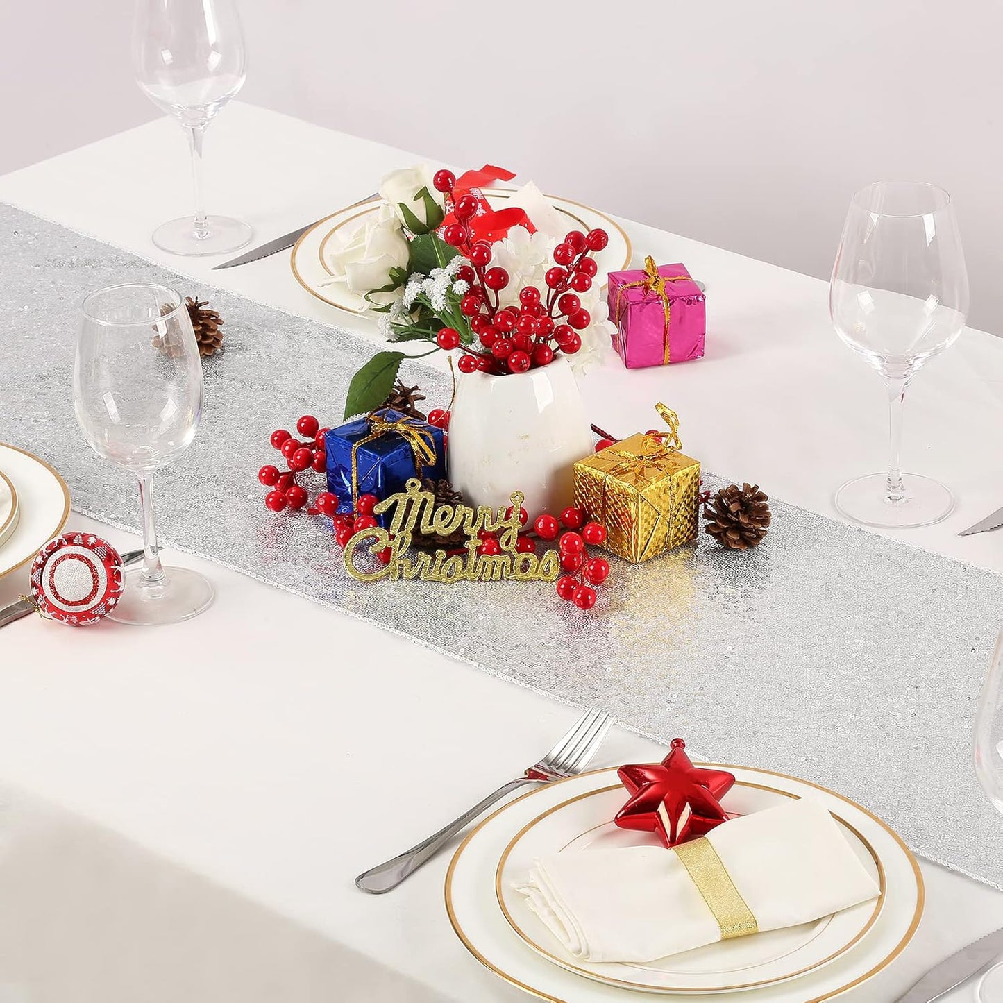 Silver Sequin Table Runners 10 Packs 12x108 Inches Holiday Celebration Sparkly Table Runners for Birthday Party Supplies Decorations