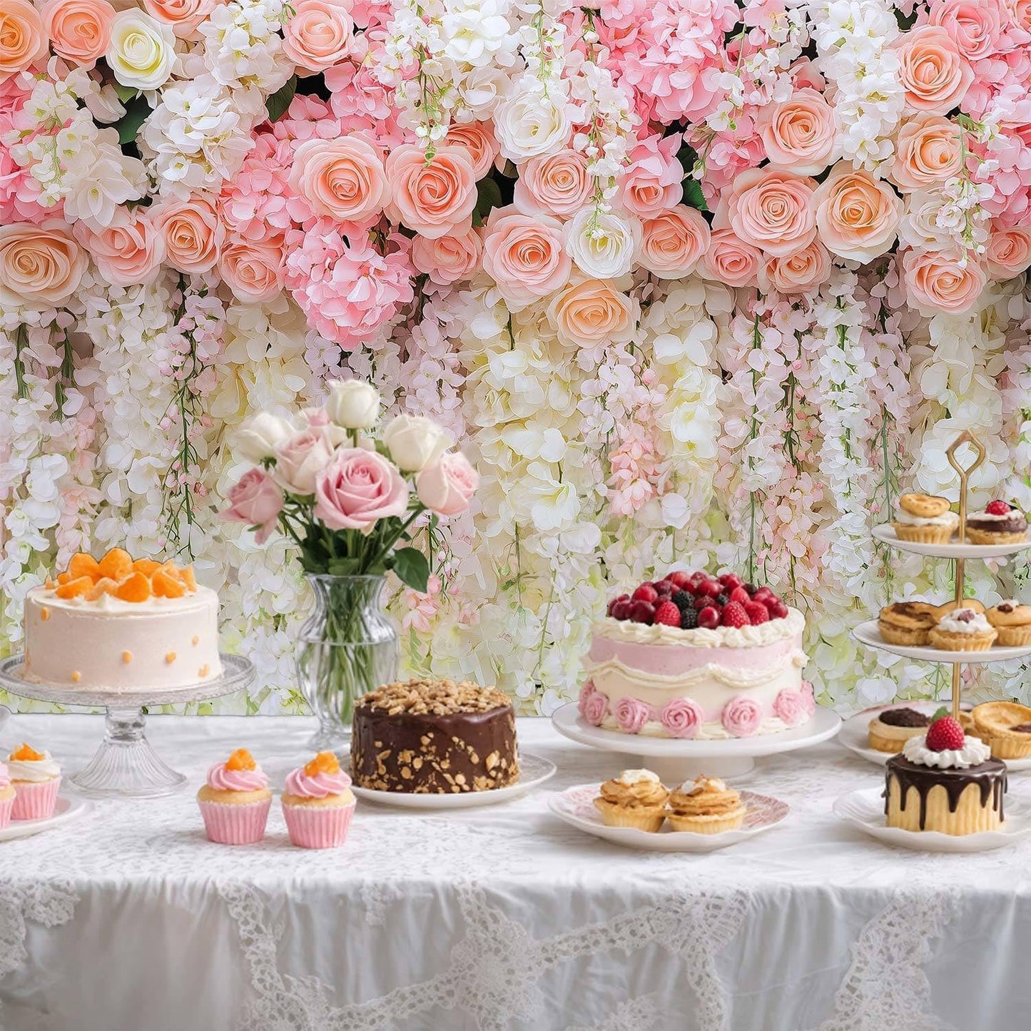 7x5ft Pink Rose Flower Wedding Photography Backdrop Spring Floral Photography Backdrop Valentine's Day Mother's Day Girl Birthday Baby Shower Wedding Bridal Party Banner Photo Booth Props Background