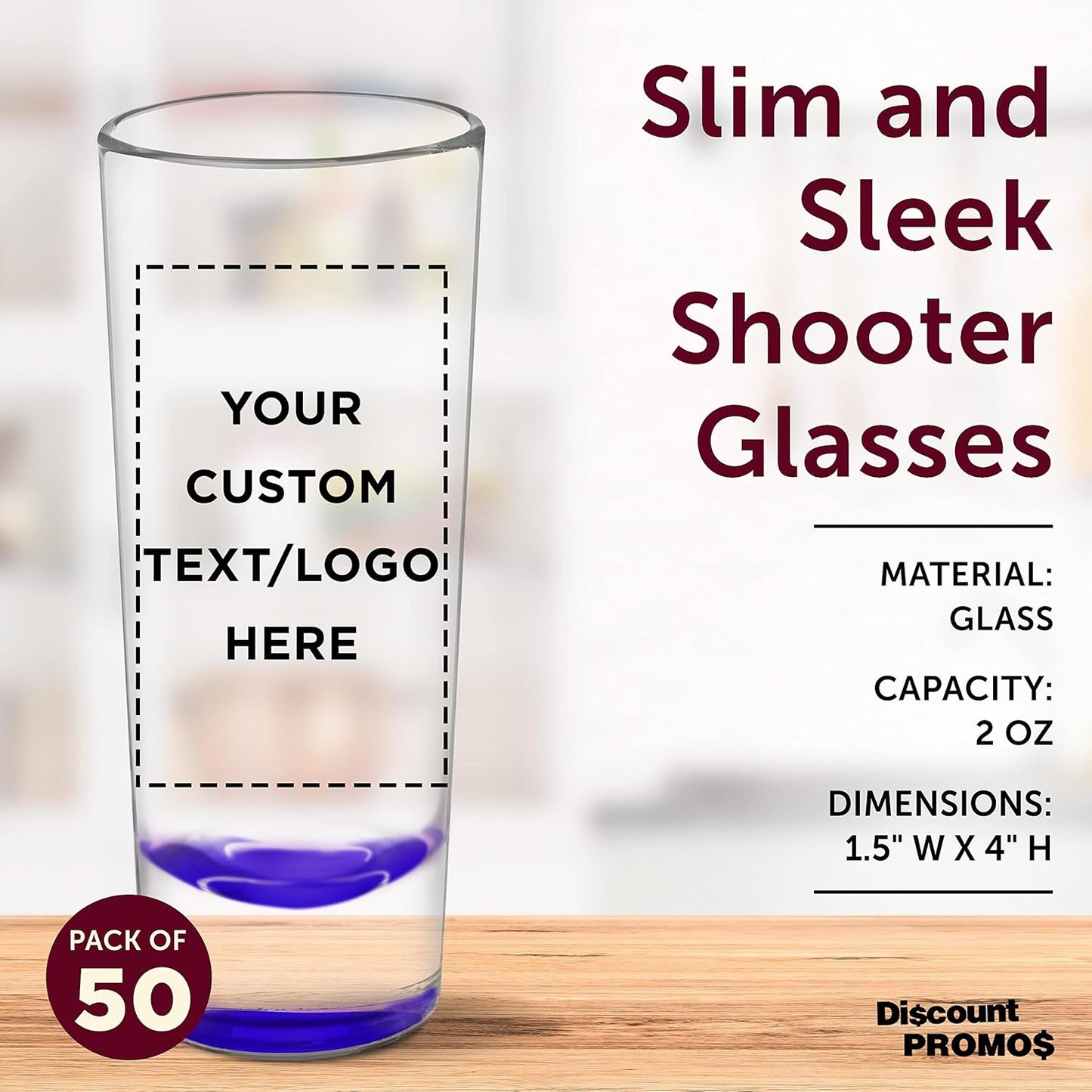 Custom Cordial Shooter Shot Glasses 2 oz. Set of 50, Personalized Bulk Pack - Great for Birthdays, Parties, Indoor & Outdoor Events - Purple