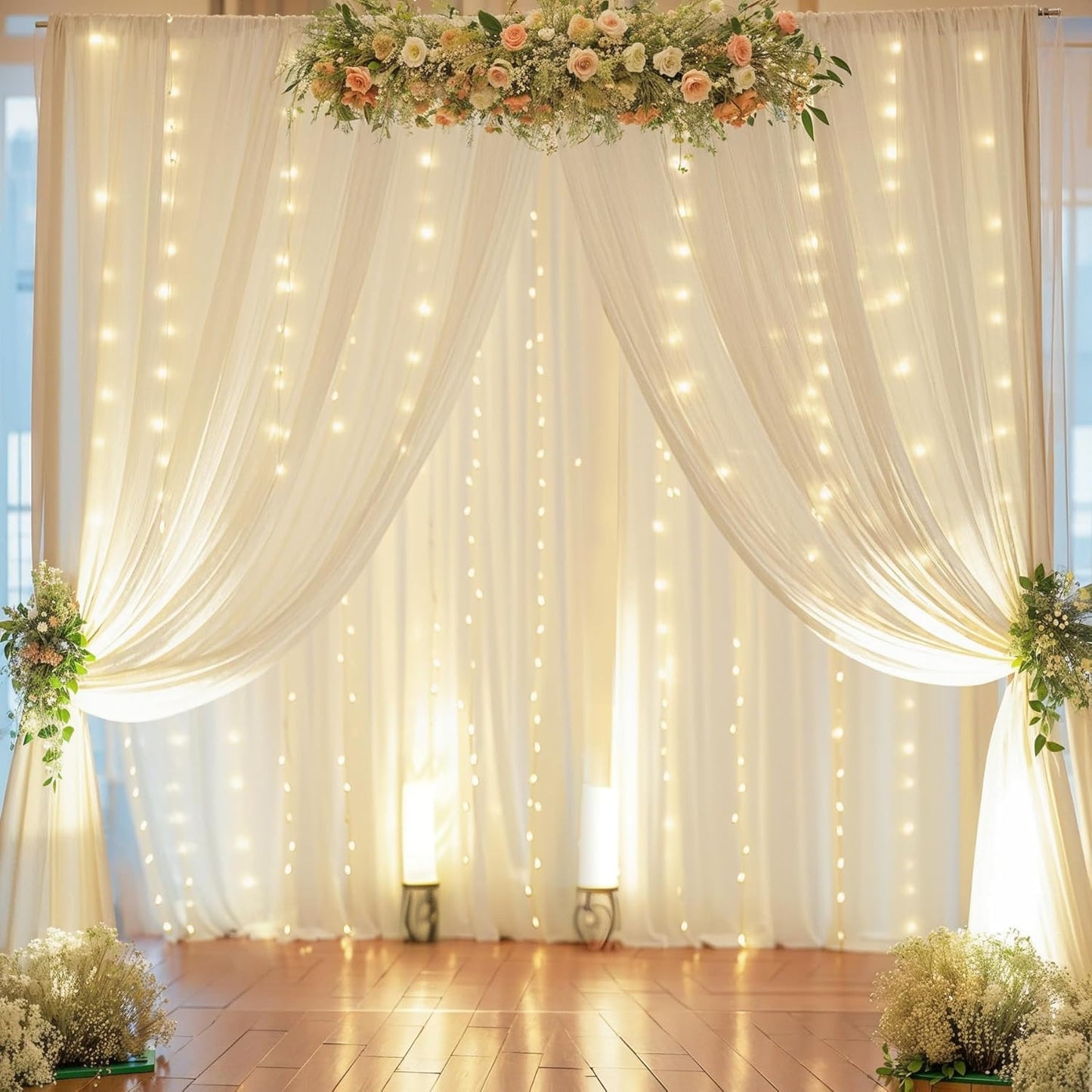 10ft x 10ft Ivory Chiffon Backdrop Curtain with Lights String for Parites Wedding Wrinkle Free Curtain Photo Backdrops Drapes for Baby Shower Birthday Party Home Decorations