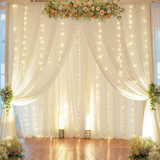 10ft x 10ft Ivory Chiffon Backdrop Curtain with Lights String for Parites Wedding Wrinkle Free Curtain Photo Backdrops Drapes for Baby Shower Birthday Party Home Decorations