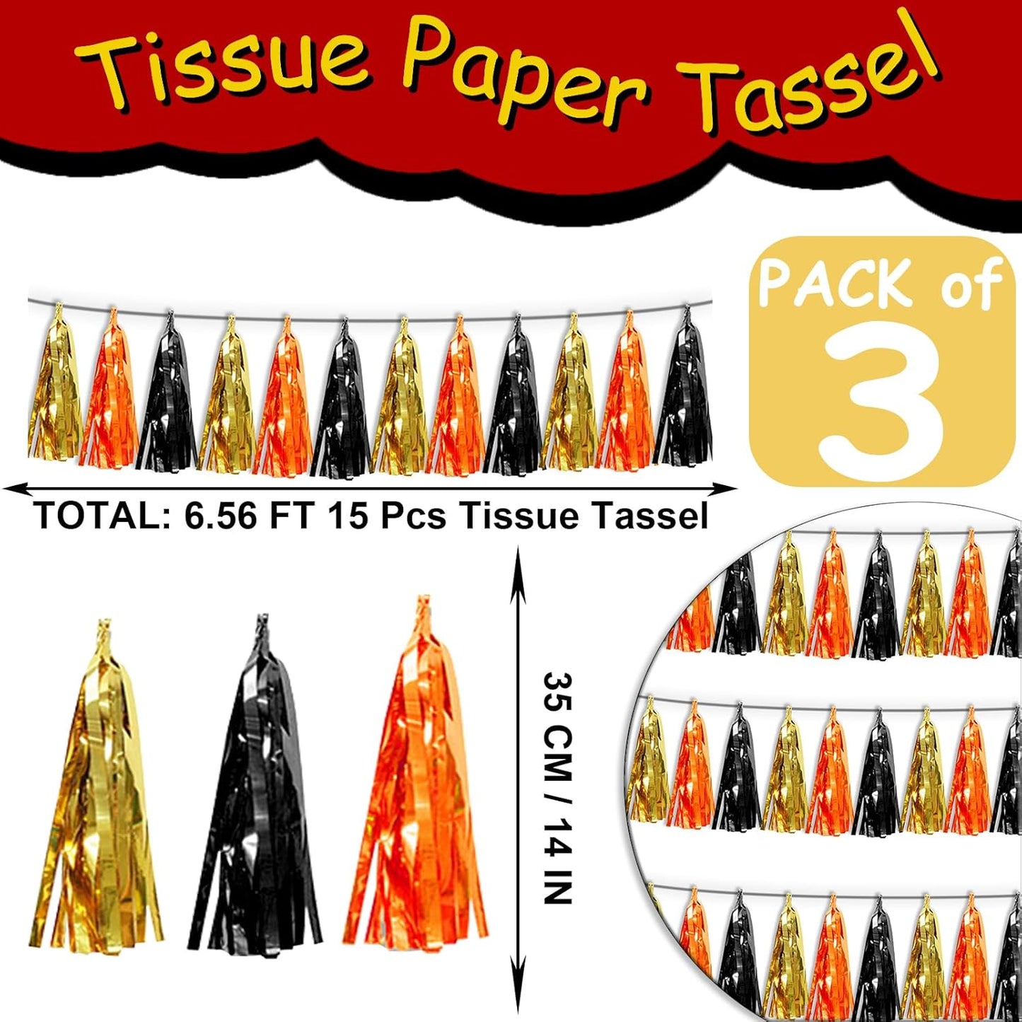 3P Orange Gold Black Metallic Fringe Tassel Banner Garland Foil Tinsel Streamer Wall Hanging Curtain Backdrop Banner for Parade Floats, Graduation Decorations, Halloween, Christmas Decorations