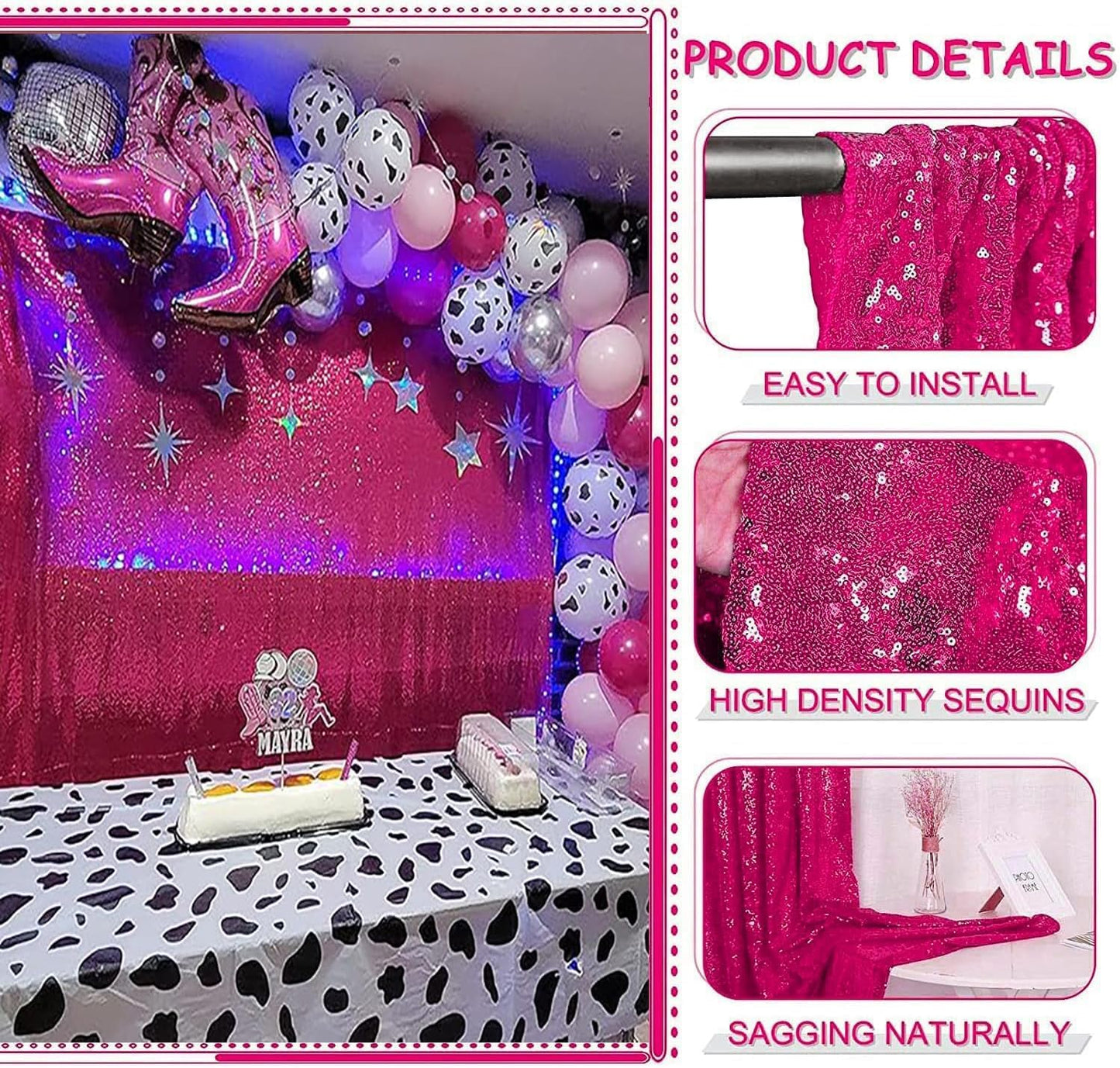 Fuchsia Sequin Curtains 2FTx8FT 2 Sequin Backdrop Curtains Panels Sparkly Background Drapes for Party Birthday Weeding Decor