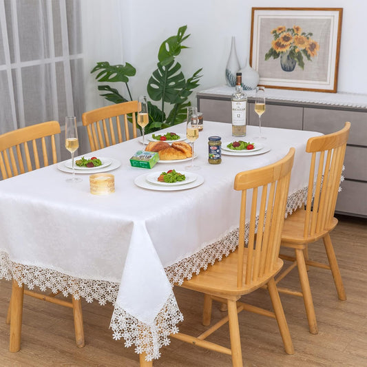 White lace Premium Rectangle Farmhouse Tablecloth Waterproof OilProof SpillProof AntiShrink Soft Wrinkle Resistant Decorative Fabric Table Cover Kitchen Dinning Party Wedding Banquet