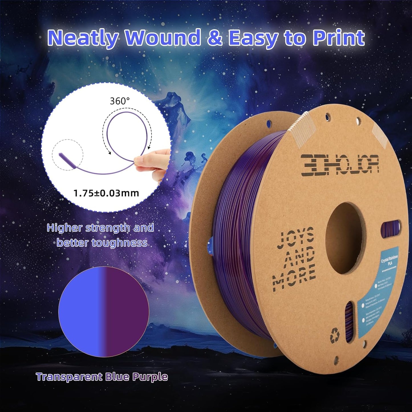 Transparent Multi Rainbow Color Gradient Change PLA 1.75mm 1KG 3D Printing Filament Crystal Rainbow PLA Clear PLA Filament with Cardboard Spool -Nebulae