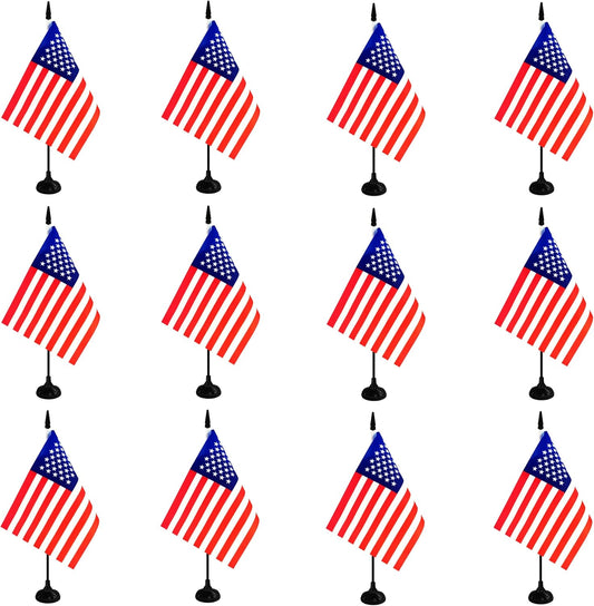 America USA Desk Flag, 12 Pack American Table Office Flag with Black Solid Pole and Stand Base, International Country Flag, 4th of July, Classroom Meeting Desktop Decor (USA)