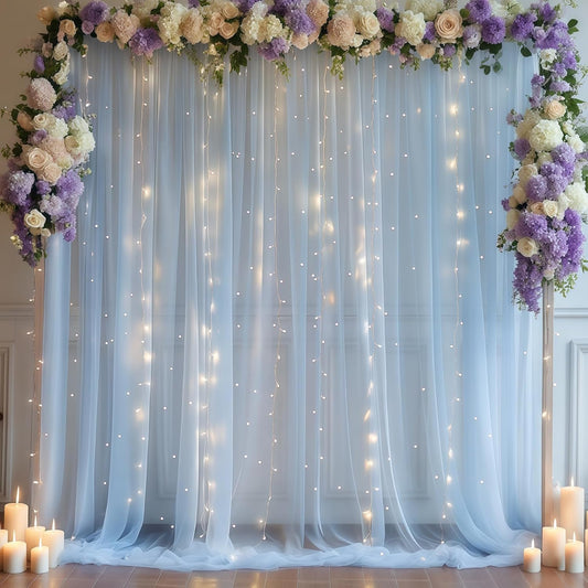 10×10ft Blue Tulle Backdrop Curtain with Lights String for Parties, Sheer Photo Curtain Backdrop Drapes for Wedding Party Photography Backgrounds