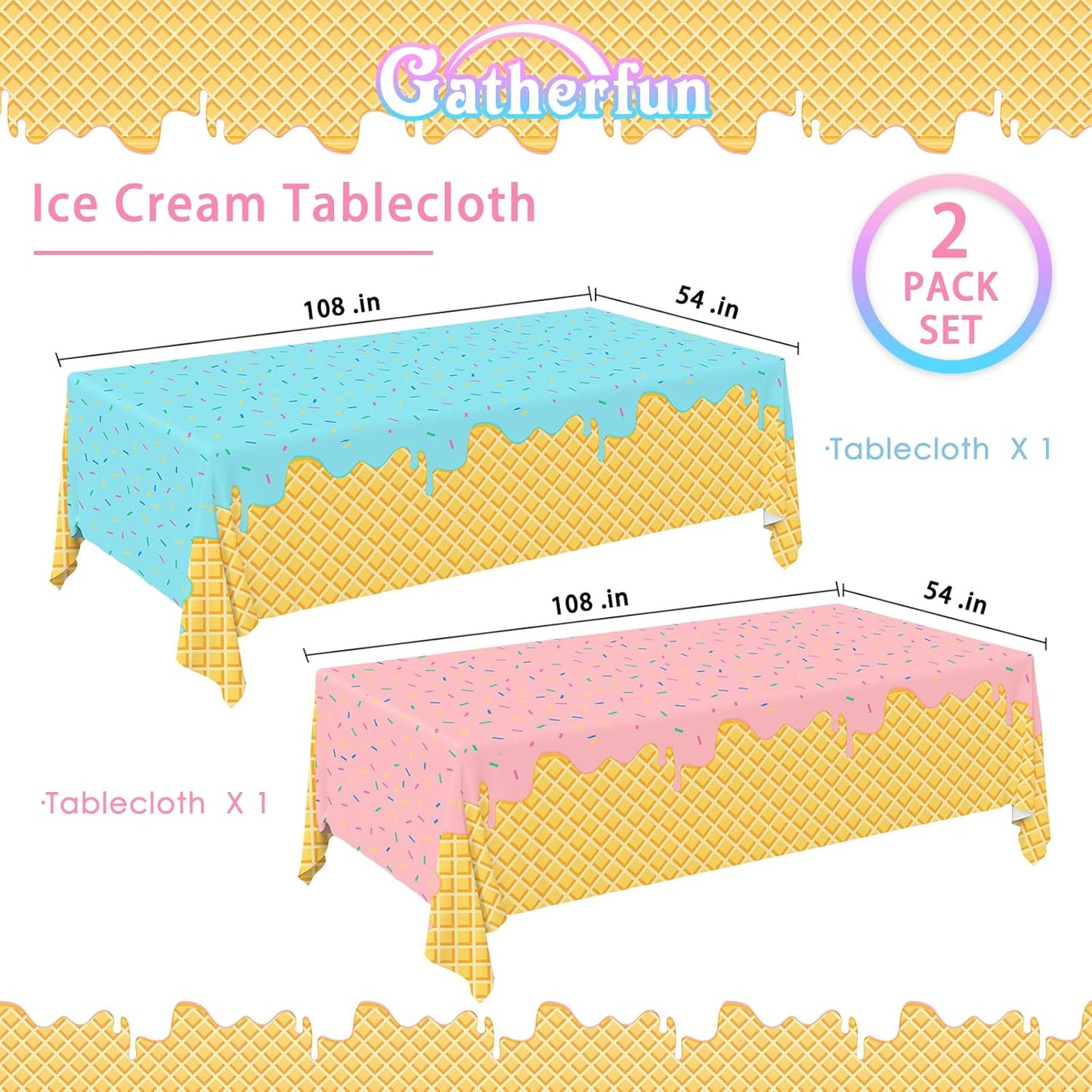 Gatherfun Ice Cream Party Supplies: 2-Pack Ice Cream Birthday Party Decorations,Disposable Plastic Tablecloth, Ideal Table Cover for Kids & Girls Birthday, Baby Shower & Themed Parties, 54 x 108 Inch