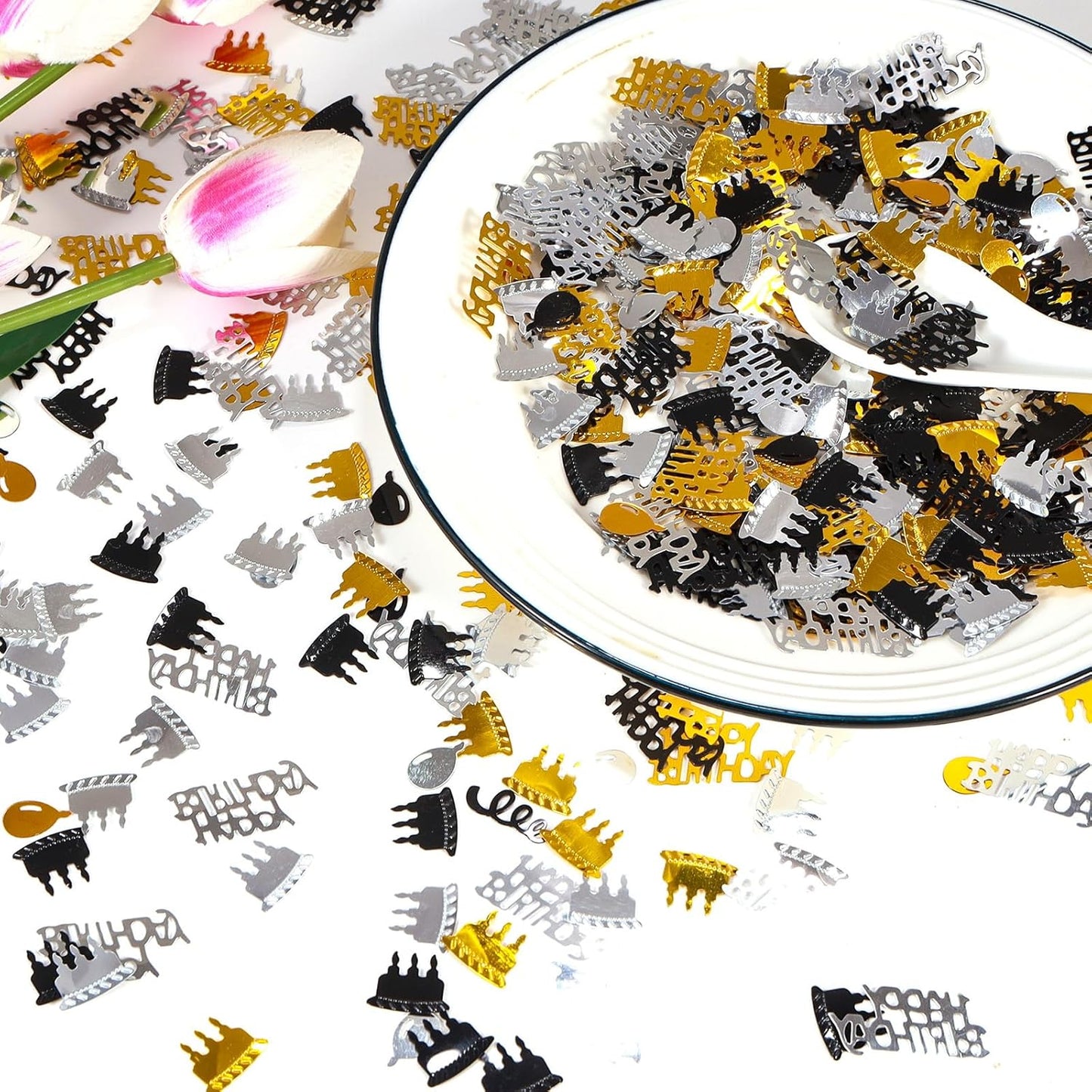 Gold and Black Happy Birthday Confetti, 3000 Pcs Birthday Cake Table Metallic Foil Confetti Party Table Decor for Party, Baby Shower, DIY Arts and Crafting