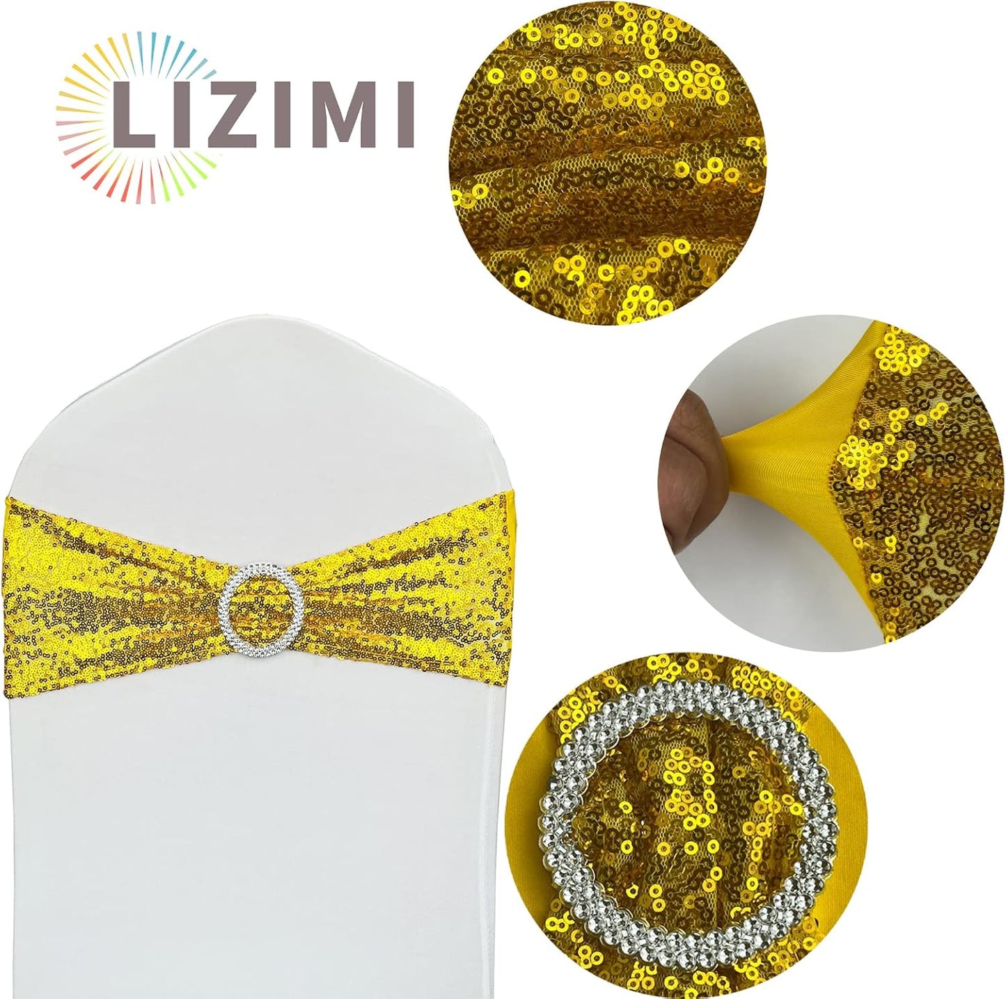 50 Pcs Sequin Chair Sashes Stretch Chair Bands Spandex Polyester Bows for Party Hotel Wedding Banquets Decoration -Gold