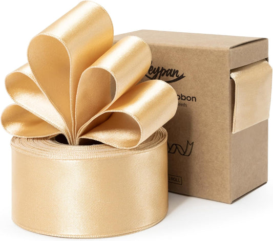 Champagne Gold Satin Ribbon Double-Faced Wired Ribbons for Gift Wrapping Flower Bouquet Bows Wedding Invitation Christmas Decor Crafts 1-1/2 Inch 10 Yards