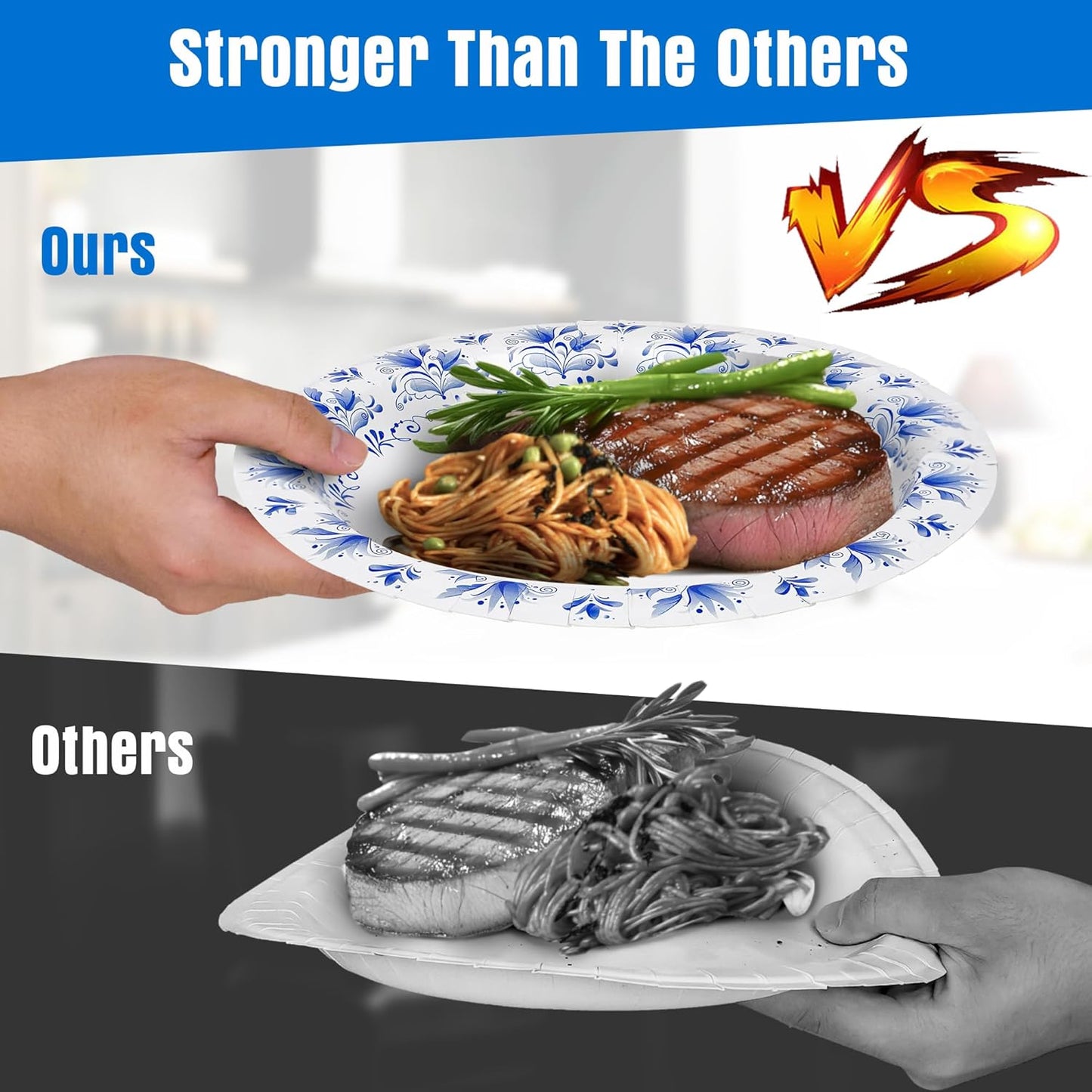 Charmount Blue Flower Printed Paper Plates - Bulk 8.5 Inch, 150pcs, Soak & Cut Proof for Parties & Daily Use