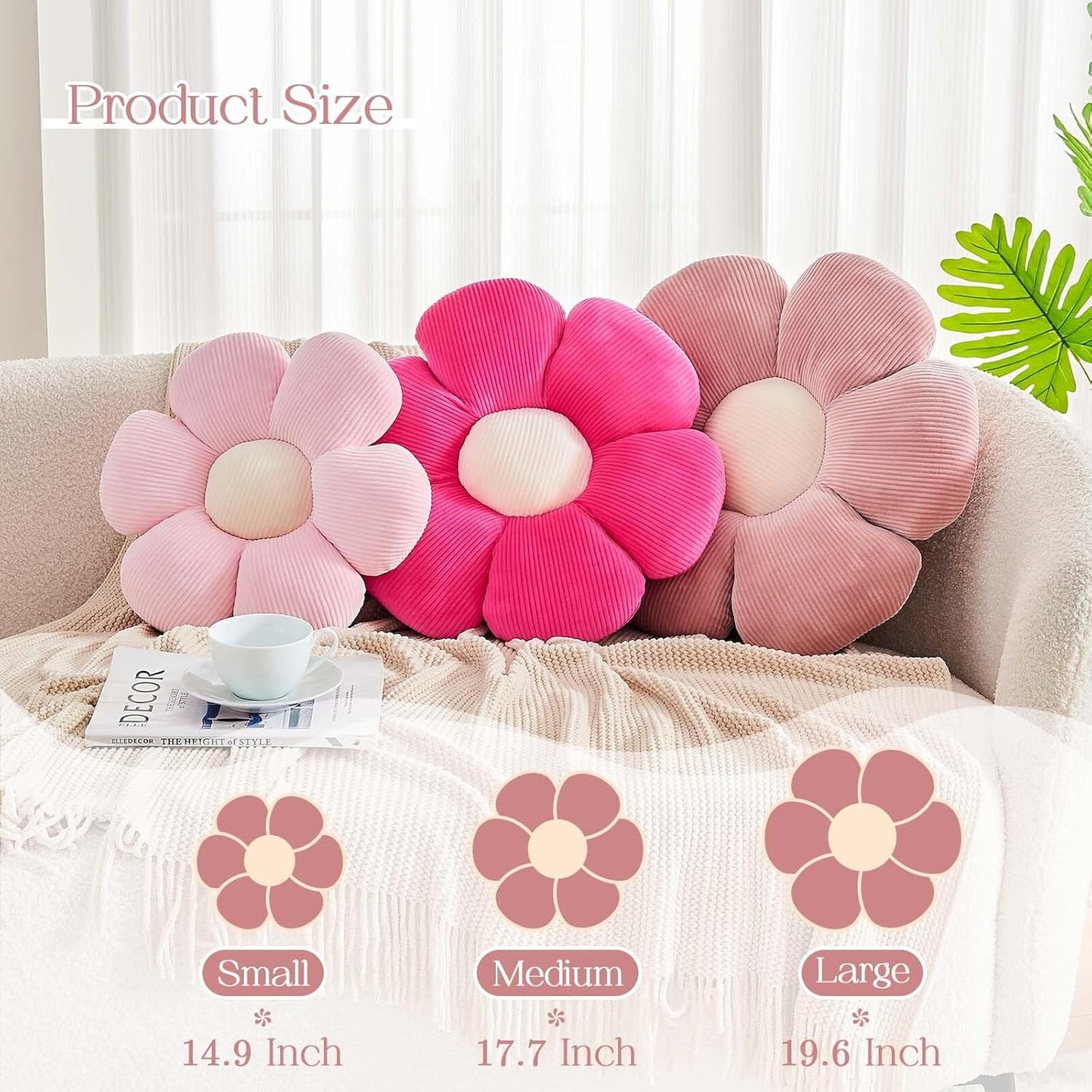 Pink Flower Pillow, 19.6" Cute Flower Shaped Floor Pillow, Aesthetic Floral Plush Daisy Decorative Throw Pillows for Bed Sofa Couch