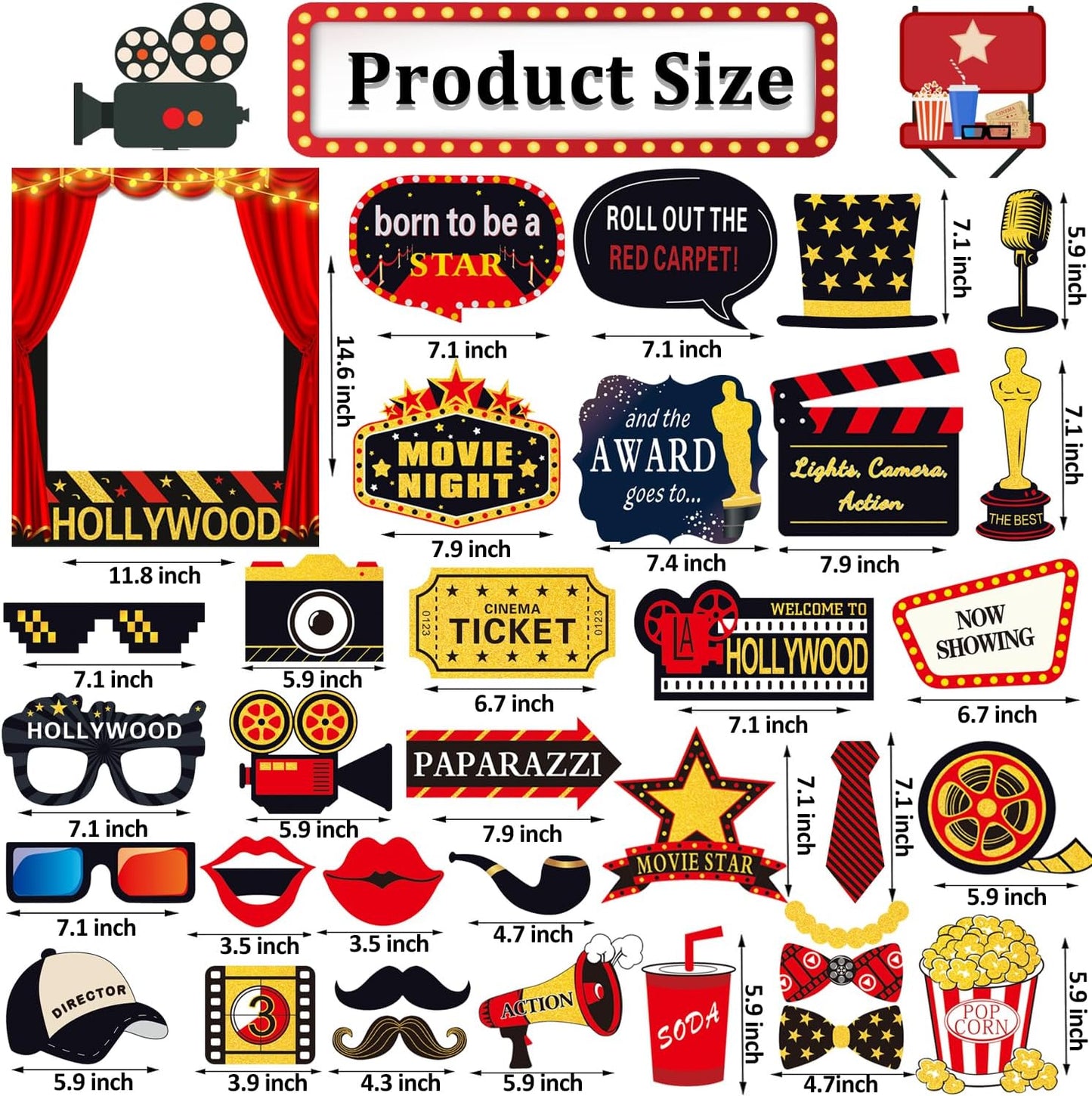 34pcs Hollywood Themed Movie Night Party Photo Booth Props, Hollywood Selfie Frame with Party Photo Props, Red Carpet Cutouts Cards Table Toppers Theme Decor Movie Night Party Supplies