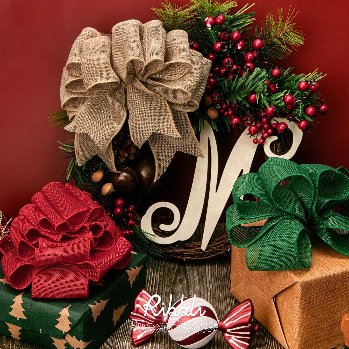 Ribbli Burlap Ribbon Continuous 20 Yard 2.5 Inch Natural Wired Ribbon for Wreaths,Big Bows,Tree Decoration,Outdoor Decoration