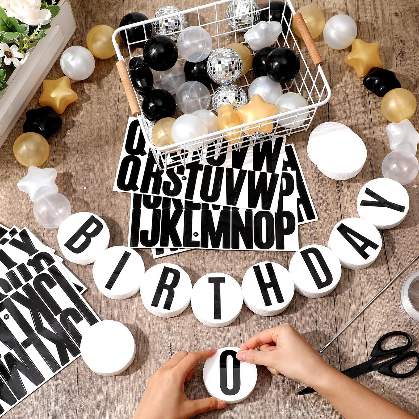 Giant Friendship Bracelet Garland Kit, DIY Birthday Banner with Letters Ball Jumbo Customizable Friendship Bracelet Decor for Halloween Christmas Wedding Party(Black, Gold, White)