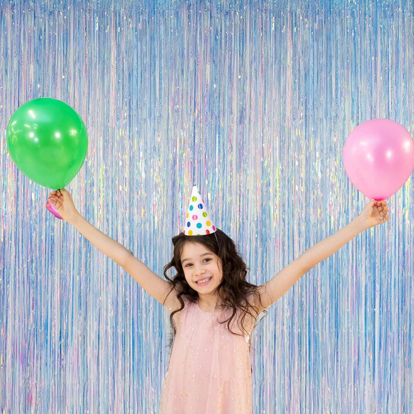 Melsan Iridescent Foil Fringe Backdrops Party Decorations - 2 Pack 3.2 x 6.5 ft Metallic Tinsel Photo Backdrop Curtains for Mermaid Unicorn Birthdays Parties - Iridescent 2 Packs