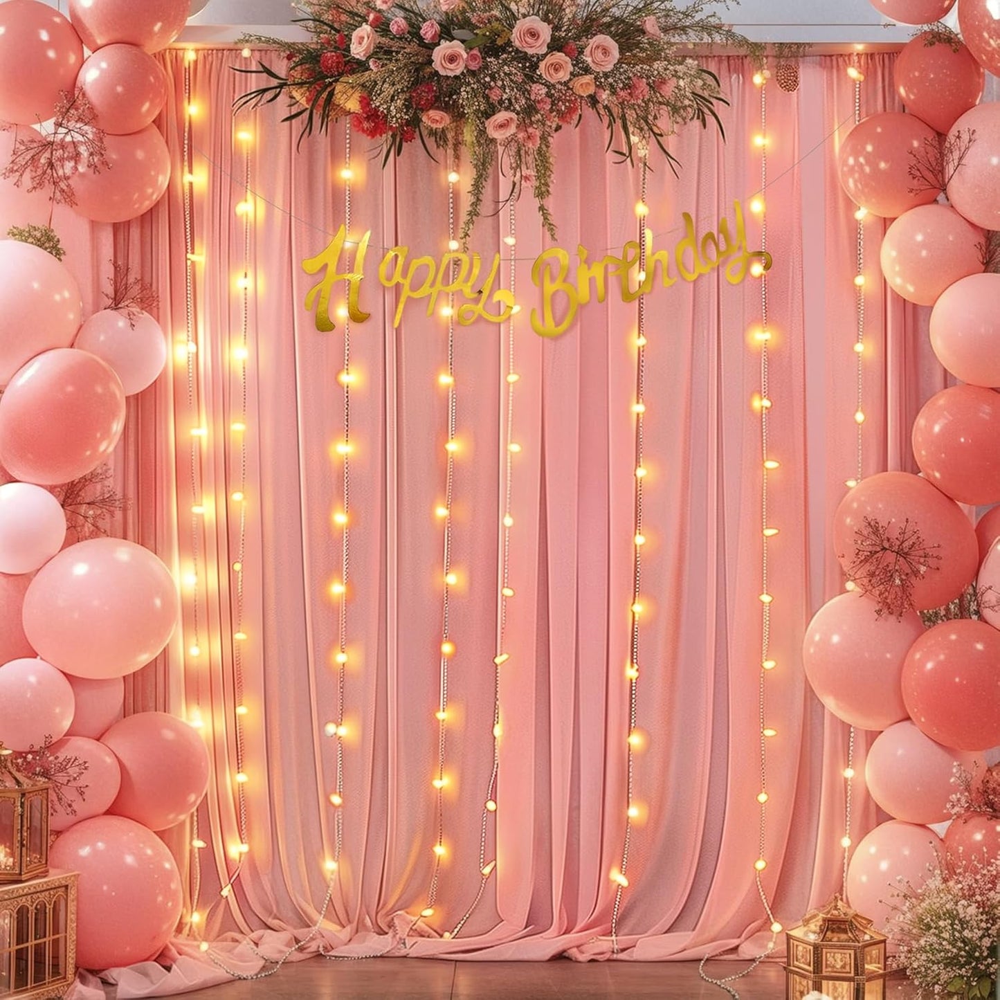 10ft x 7ft Dusty Rose Chiffon Backdrop Curtain with Lights String for Parites Wedding Wrinkle Free Curtain Photo Backdrops Drapes for Baby Shower Birthday Party Home Decorations