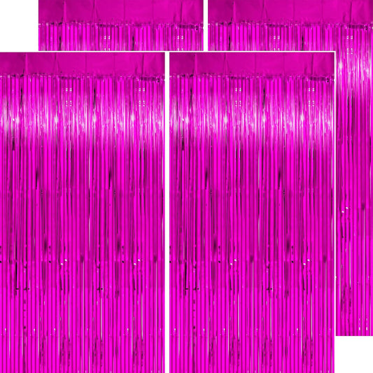 Hot Pink Streamers - Thicken 4 Pack 3.2x8.2 FT - Hot Pink Tinsel Foil Fringe Backdrop Curtains for Birthday, Bachelorette, Graduation, Summer Hawaiian Party Decorations