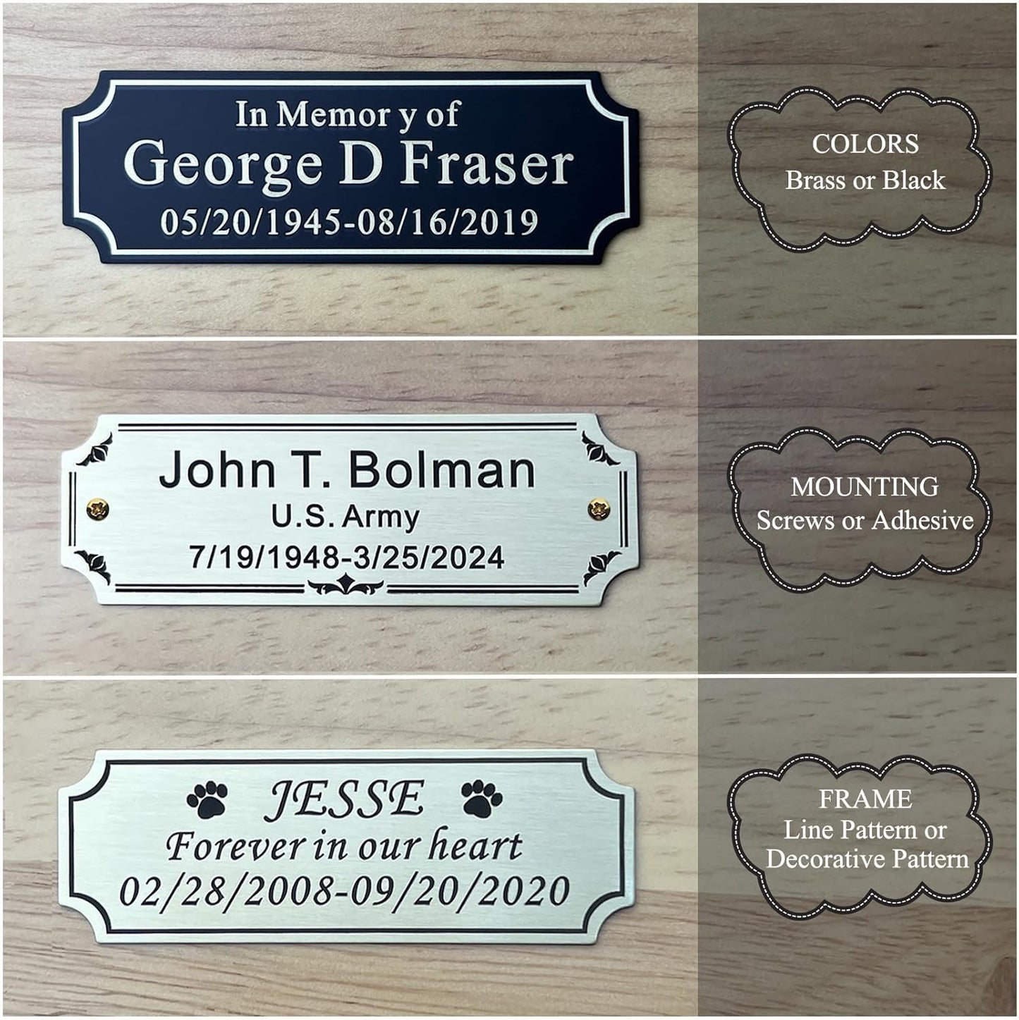 3" W x 1" H Personalized Custom Engraved Brushed Gold Solid Brass Plate Frame Name Label Art Tag With Frame