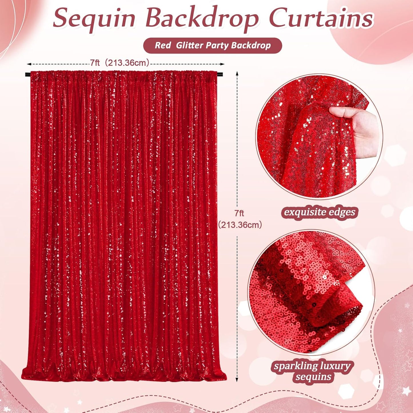 Red Sequin Backdrop Curtain 7ft x 7ft Background Drapes for Birthday Wedding Valentines Day Wall Decorations
