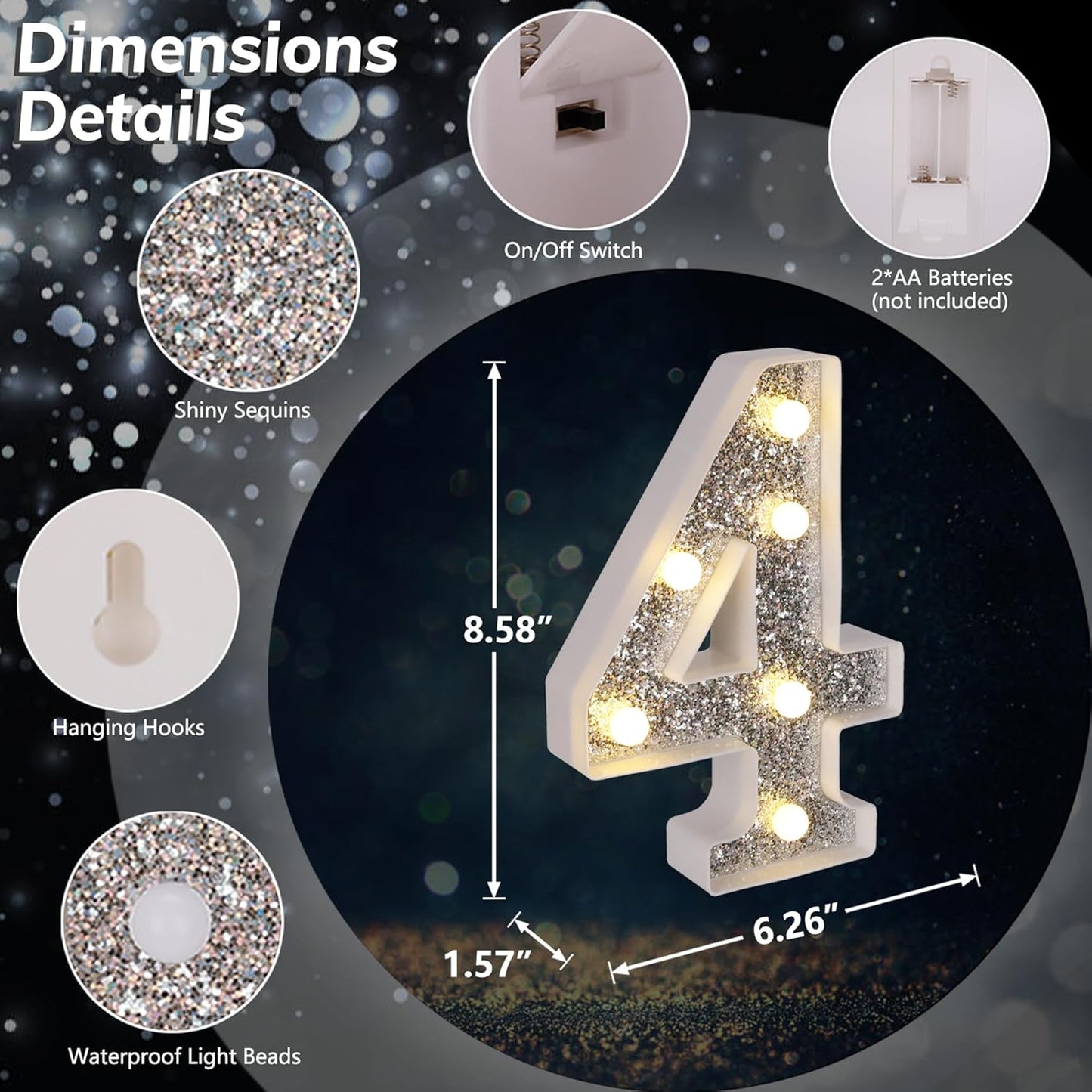 Marquee Light Up Letters, Glitter Silver LED Letter Lights Battery Powered Alphabet Letter Sign for Night Light Wedding Birthday Party Cafe Bar Decoration Girls Room Decor - Number 4