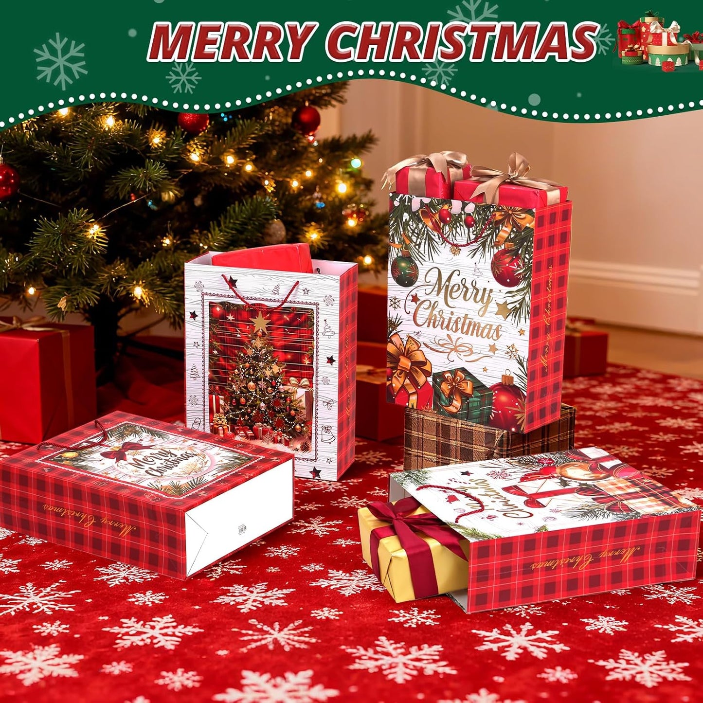 LYLIN 4Pcs 16" Large Christmas Gift Bags with 8 Tissue Papers, Reusable Christmas Tote Bags with Handles, Bulk Xmas Treat Bags for Wrapping Gifts, Party Favors and Holiday Decor