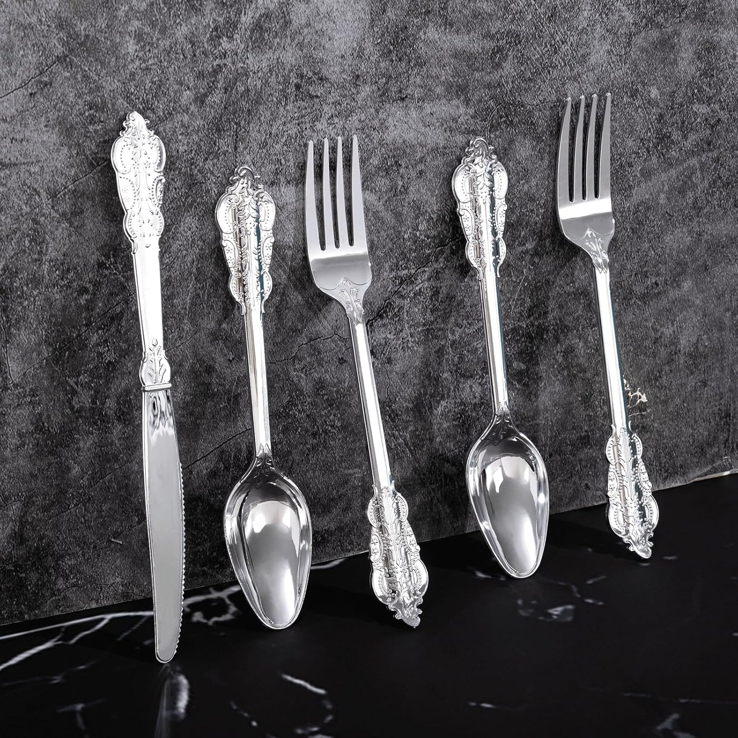 300Pieces Silver Plastic Silverware - Heavy Duty Silver Disposable Utensils - Fancy Plastic Cutlery Set Includes 100 Forks, 100 Spoons, 100 Knives for Dinner Parties Weddings