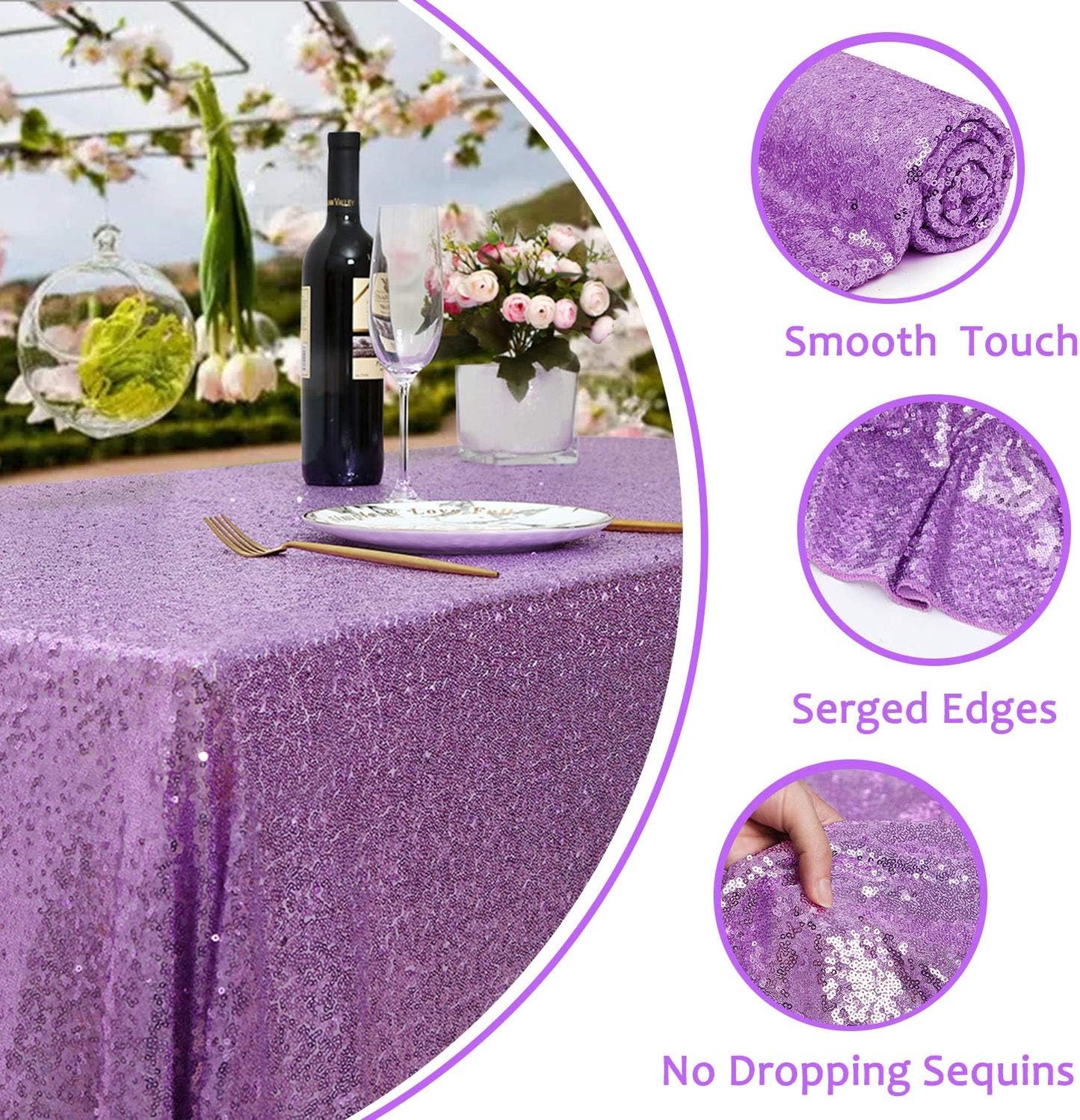 QueenDream Tablecloth 90x156 Rectangle Sequin Tablecloth Lavender Wedding Table Linens Glitter Birthday Bridal Party Indoor Outdoor Decorations