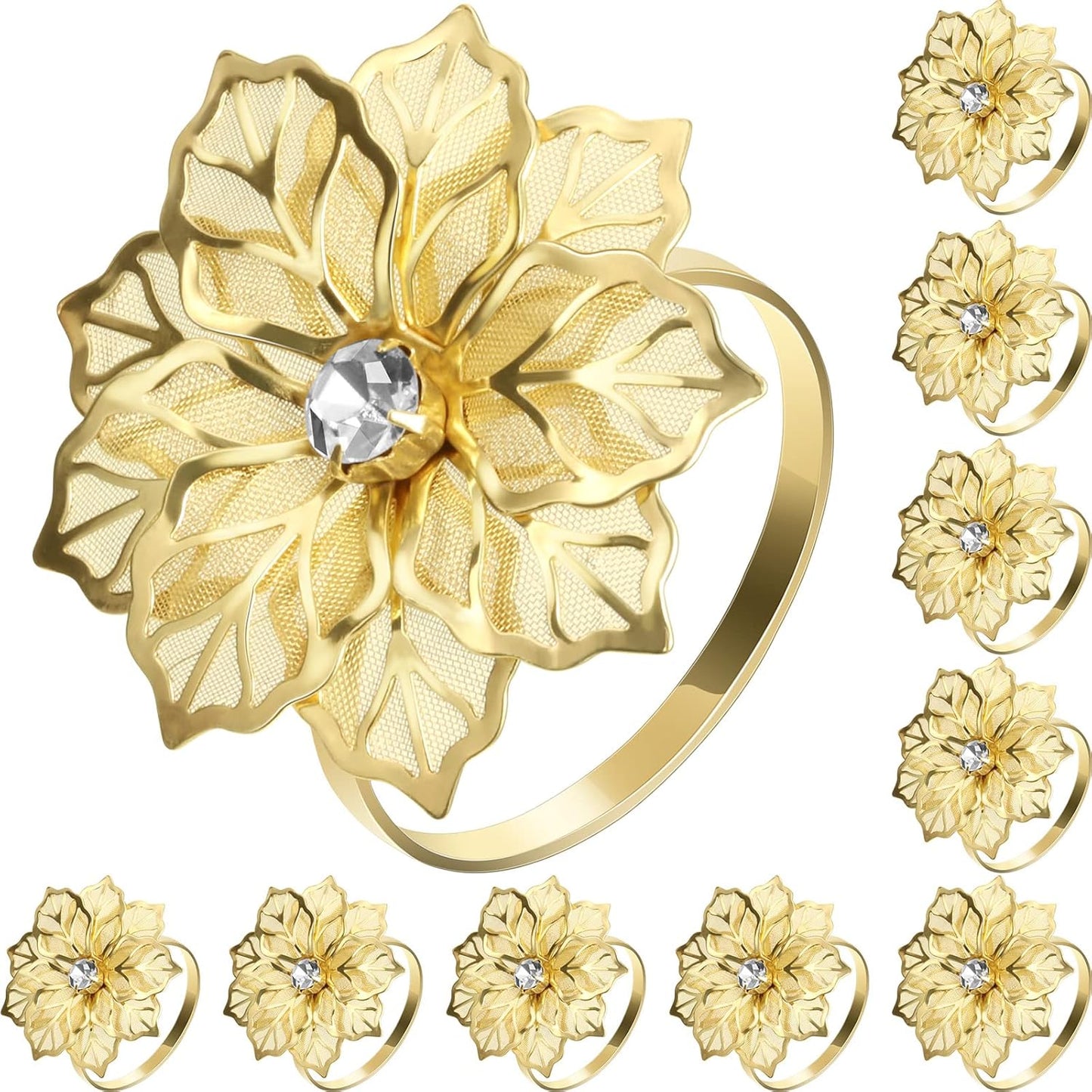 Hotop 12 Pcs Hollow Out Flower Napkin Rings Fall Napkin Ring Holder Metal Serviette Buckles Set for Dinner Thanksgiving Christmas Wedding Banquet Table Plates Decoration(Gold)