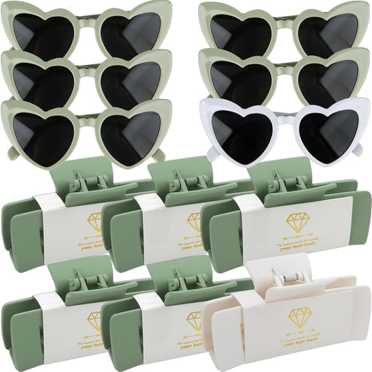 12pcs Bridesmaid Proposal Gifts 4.1inch square Bachelorette Claw Clips Sunglasses set of 12 Girls Trendy Cute Hair Clips for Wedding Party Favors(White&Sage Green 12pcs)