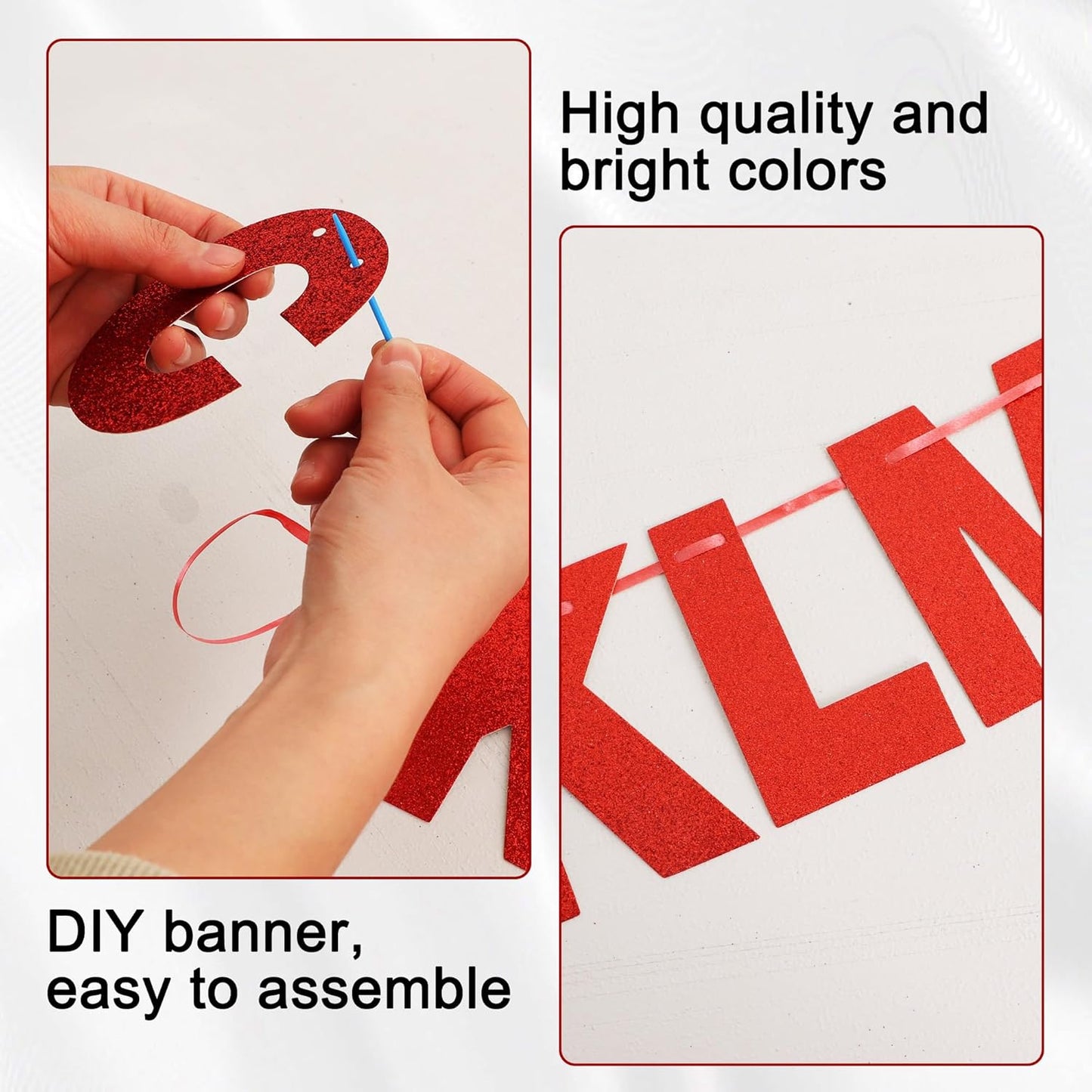 BEISHIDA 116 PCS A-Z Glitter Red DIY Letter Banner Kit Make Your Own Banner，Including 111 Letters and Numbers 3 Rope and 2 Threading Device,Customized for Birthday Graduation Wedding Party Decor