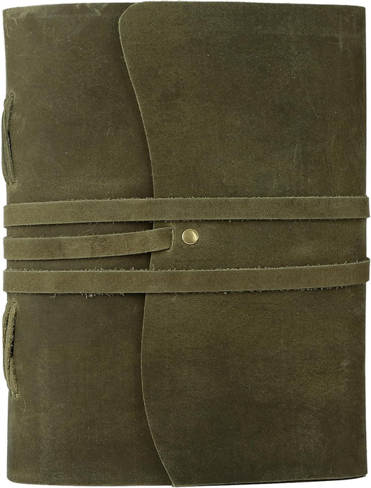 Handmade Leather Journal 8x6 Inch | Green Vintage Notebook with Unlined Paper | Cotton Recycled Paper | Antique Travel Diary, Sketchbook, Writing Journal for Men & Women
