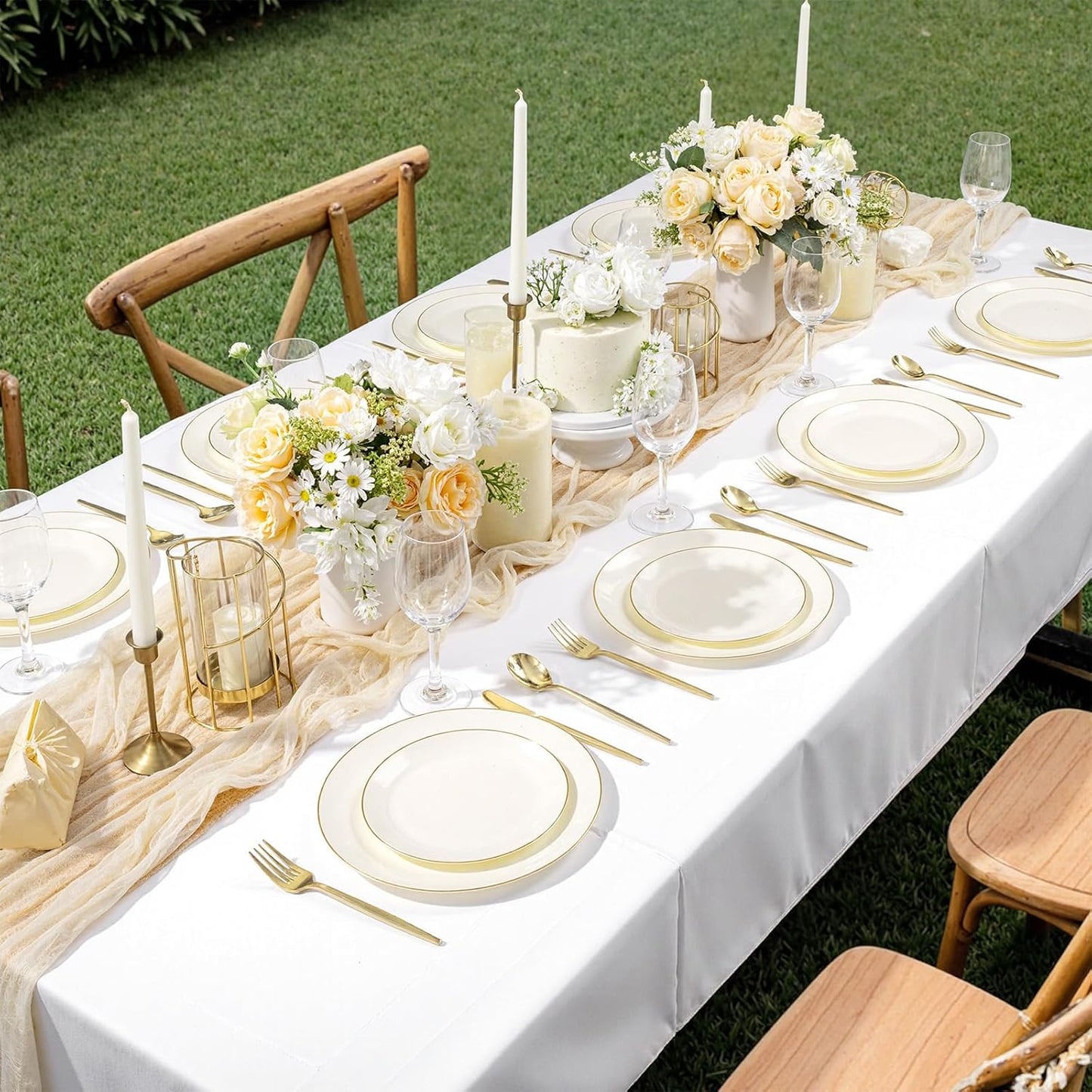 bUCLA 200PCS Ivory Plastic Plates with Gold Rim - Heavy Duty Cream Disposable Include 100 Dinner 10 inch & 100 Dessert 7 inch Plates, Ideal for Party & Thanksgiving