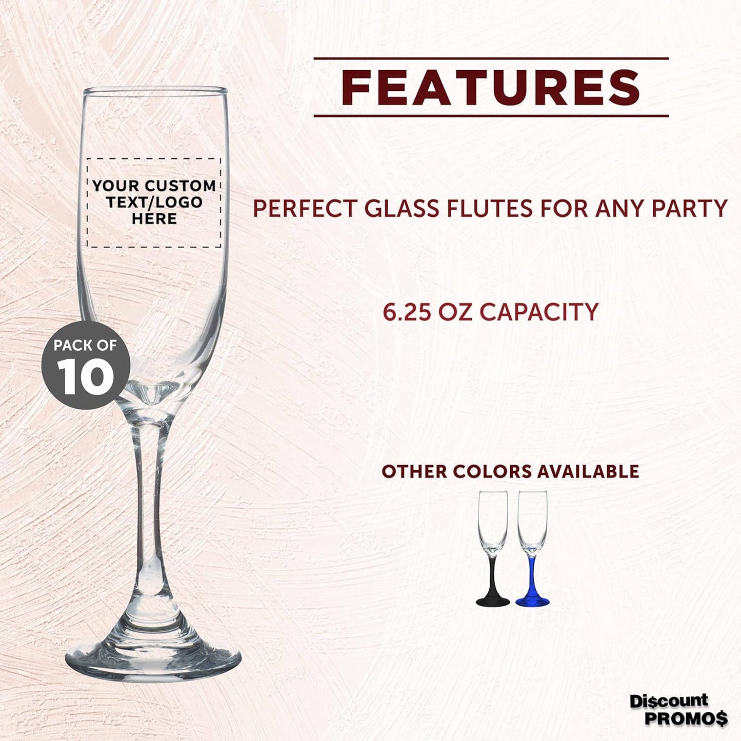 DISCOUNT PROMOS Custom Premiere Champagne Flutes 6.25 oz. Set of 10, Personalized Bulk Pack - Elegant Drinkware for Weddings, Events, & Promotional Gifts - Clear