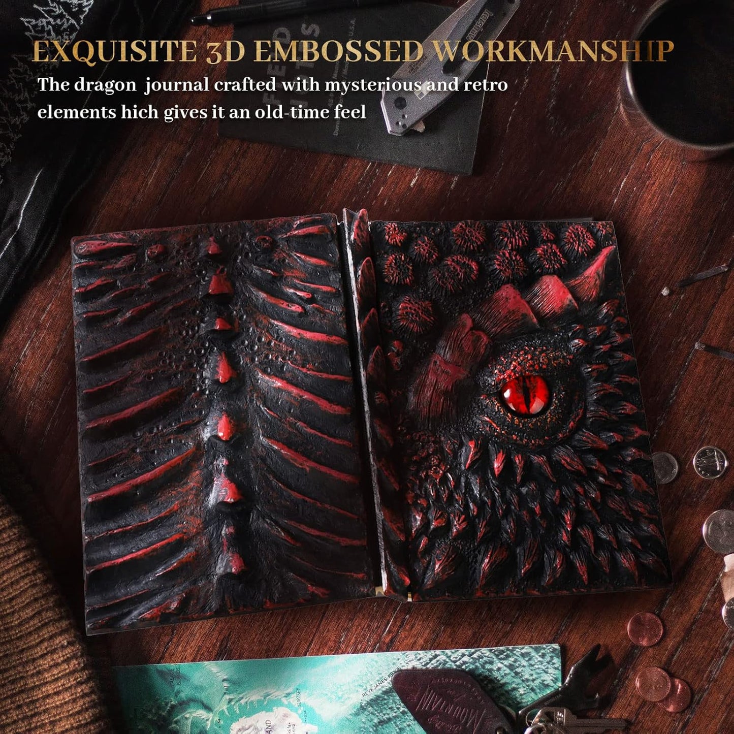 molshine A5 (7.3" x 5.1") 3D Dragon Embossed Journal,Resin Engraving Notebook,Retro Diary,100 Sheets Blank Paper,Hardcover Travel Notepad for Writing,Sketchbook,Collection,Gift,Decoration (Red)