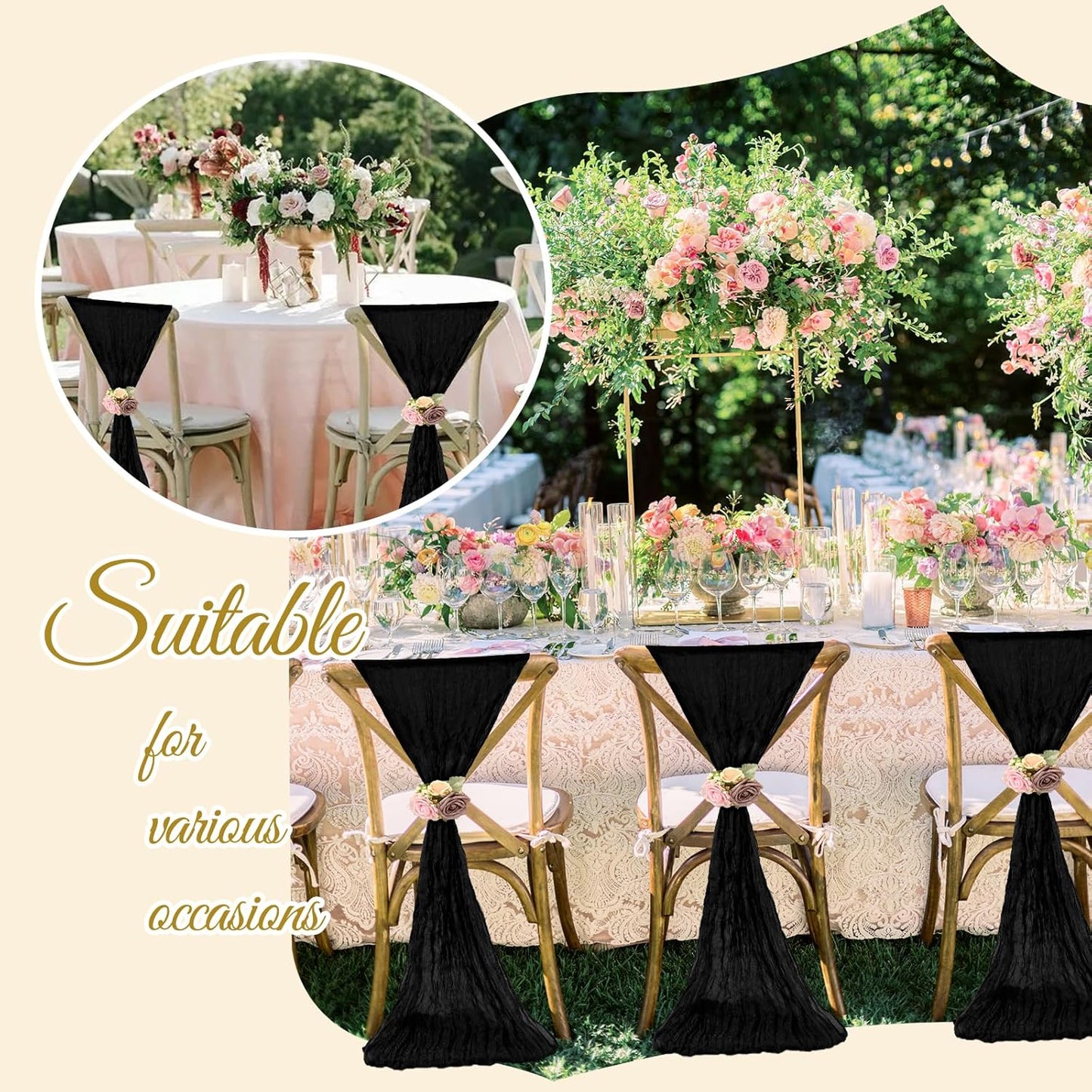 36 Pcs Black Cheesecloth Chair Sashes, 16 x 108 inch Gauze Fabric Washable Chair Sashes Bows Designed for Aisle Decorations Universal ChairCover Decor for Wedding Reception Party Banquet