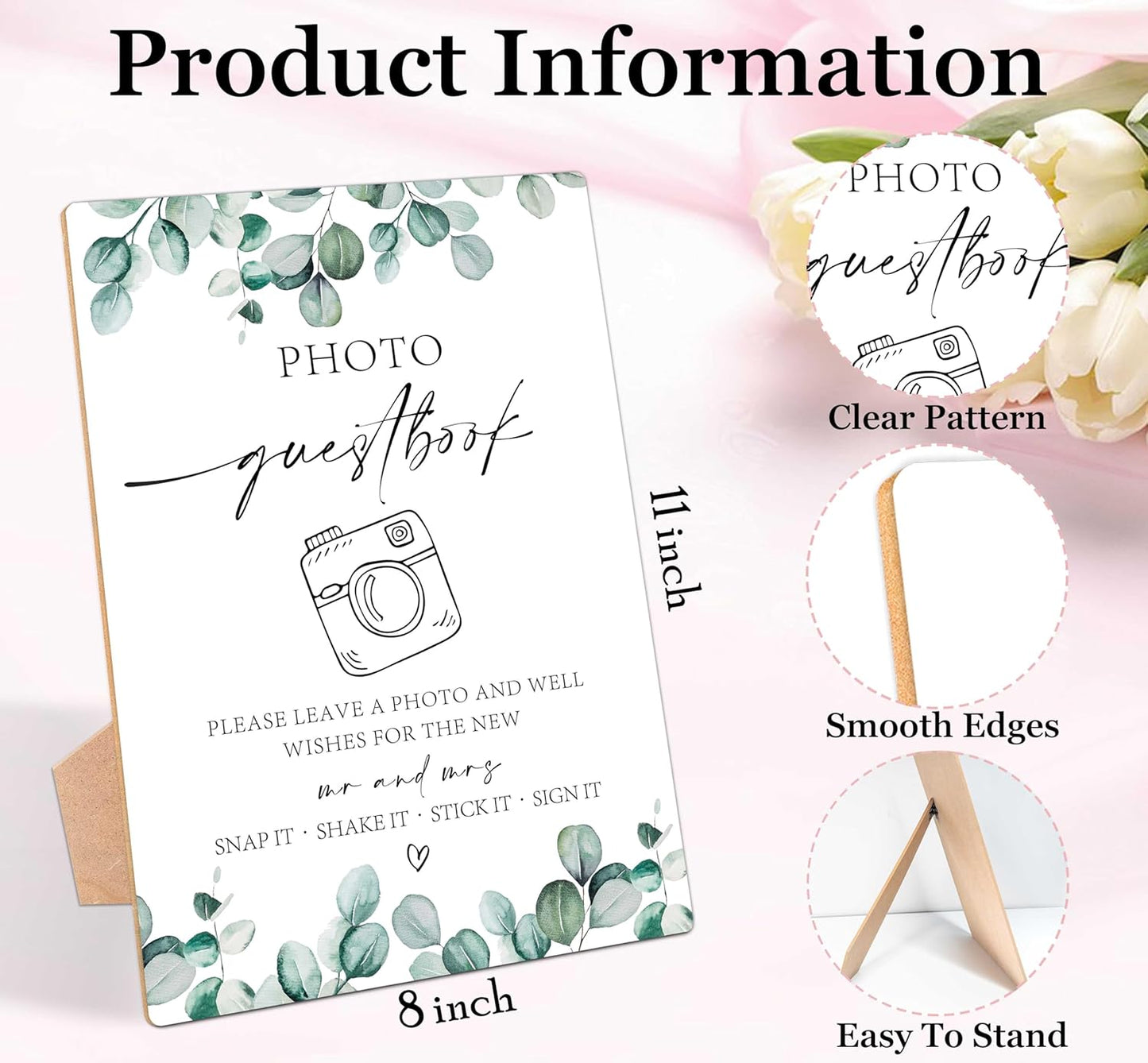 Photo Guestbook Sign, Greenery Wedding Ceremony, Pack of 1 Wooden Tabletop Sign with Stand, Wedding Supplies, Engagement and Reception Decorations - LD24