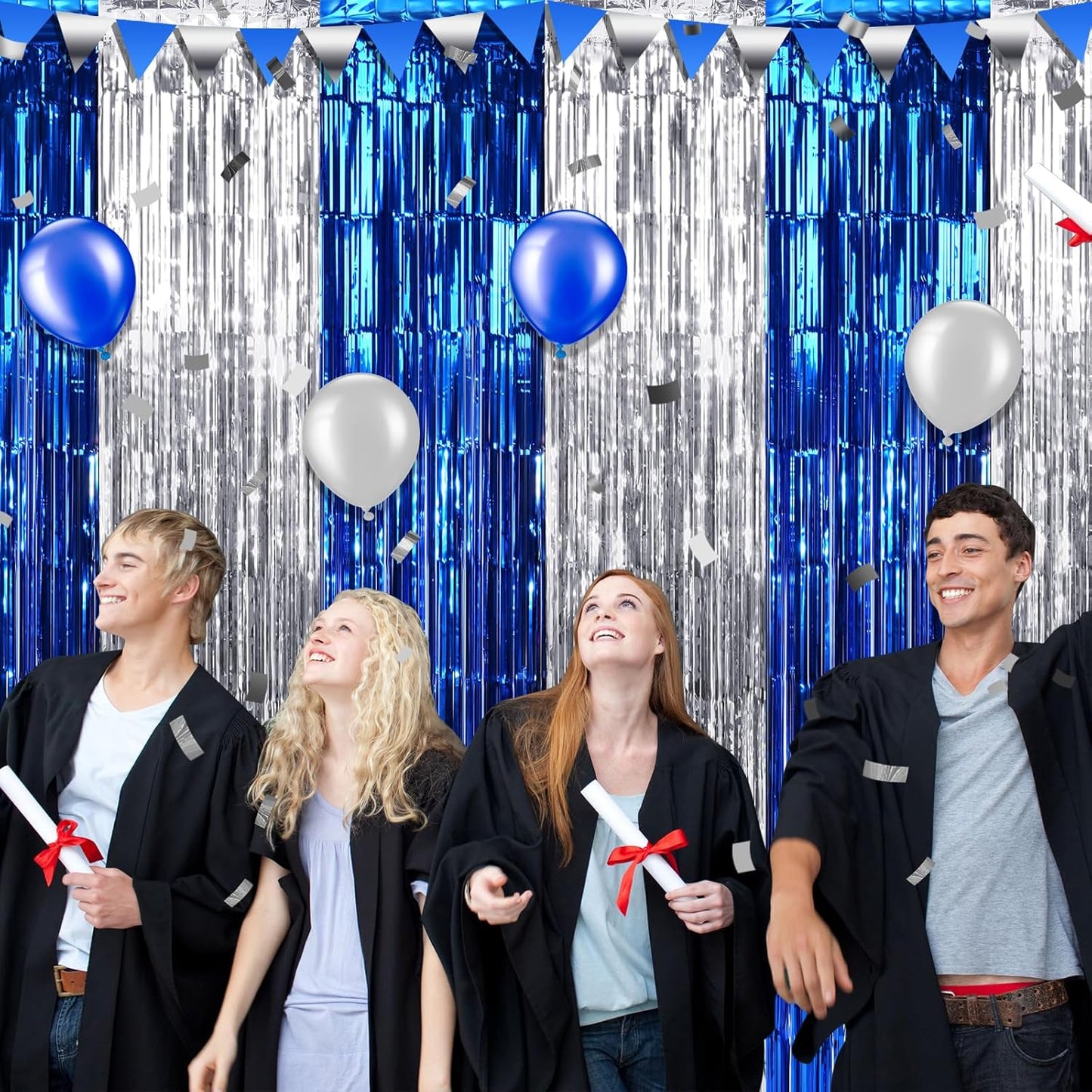 3Pack 3.3Ft x 6.6Ft Graduation Foil Fringe Curtain Backdrop Decorations, Blue Silver Metallic Tinsel Foil Streamers Curtain Photo Booth Background for Graduation Prom Wedding Birthday Party Decoration