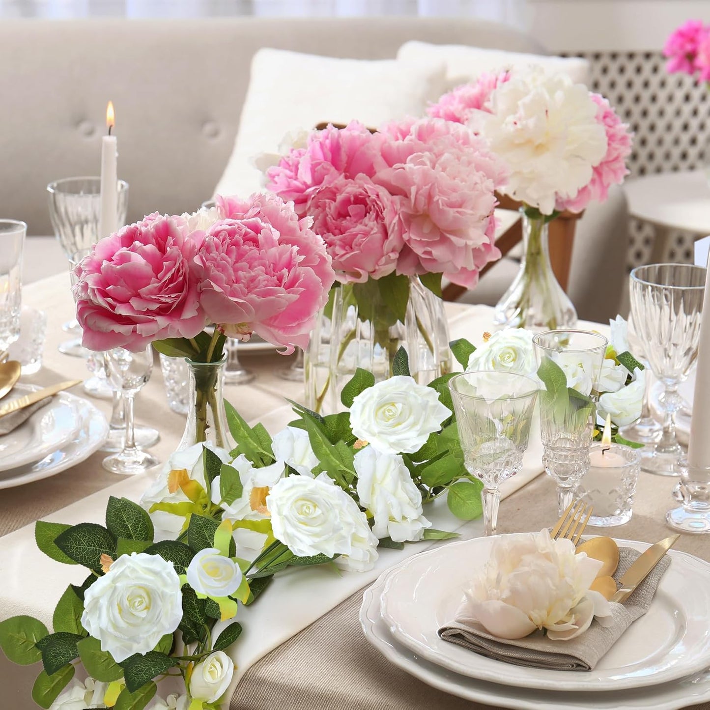 Sggvecsy 6Pcs 46.5Ft Artificial Rose Vine Fake Flower Garland Floral Garland Faux Silk Hanging Vine Rose Ivy Vines for Wedding Arch Party Wall Garden Ceremony Background Outdoor Decor (White)