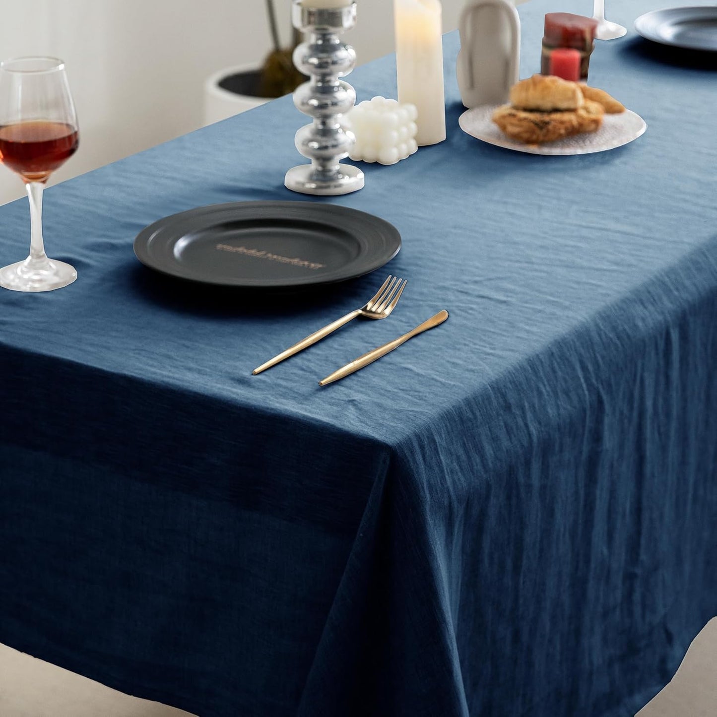 EVERLY 100% Pure Linen Rectangle Tablecloths 60x84Inches for Dining,Buffet Parties,Picnic,Events,Weddings and Restaurants,Decorative Halloween,Thanksgiving Machine Washable Tablecloths-Navy Blue