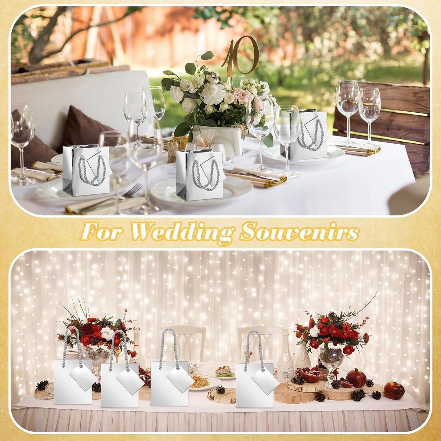 Sherr 100 Pack Mini Gift Bags Bulk, 4 x 2.75 x 4.5 Inches Paper Bags with Tags, Extra Small Paper Gift Boxes with Handles for Birthday, Party Favors, Weddings, Small Business(Silver)