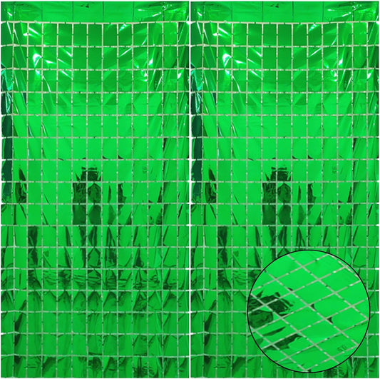 PADELO 2 Pcs Green Foil Fringe Square Curtain Backdrop - Blue Streamers Party Decorations, Sequin Square Curtain Photo Backdrop Props for Birthday Party Dinosaur Jungle Football Decor, 3.3 x 6.6 Ft