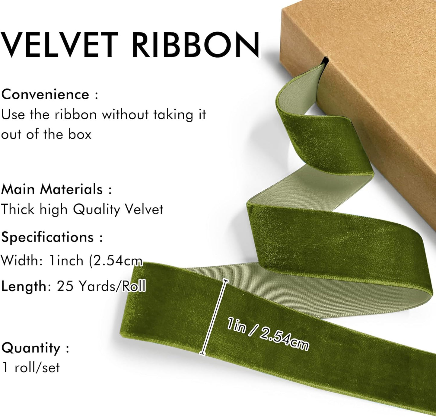 Olive Green Velvet Ribbon 1'' 25 Yards for Christmas Tree, Gift Wrapping, Flower Bouquet, Wreath Decorations, Bow Making